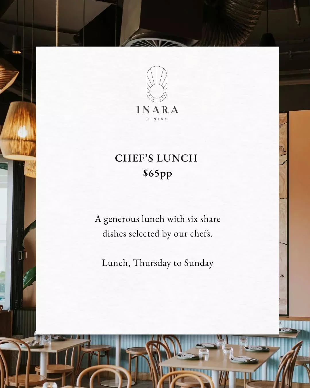 This is your sign to book lunch with someone special!&nbsp;

At $65pp, our Chefs present a daily selection of 6 share dishes, taking you on a delectable middle eastern culinary journey in the stylish heart of Busselton.

Available Thursday, Friday, S