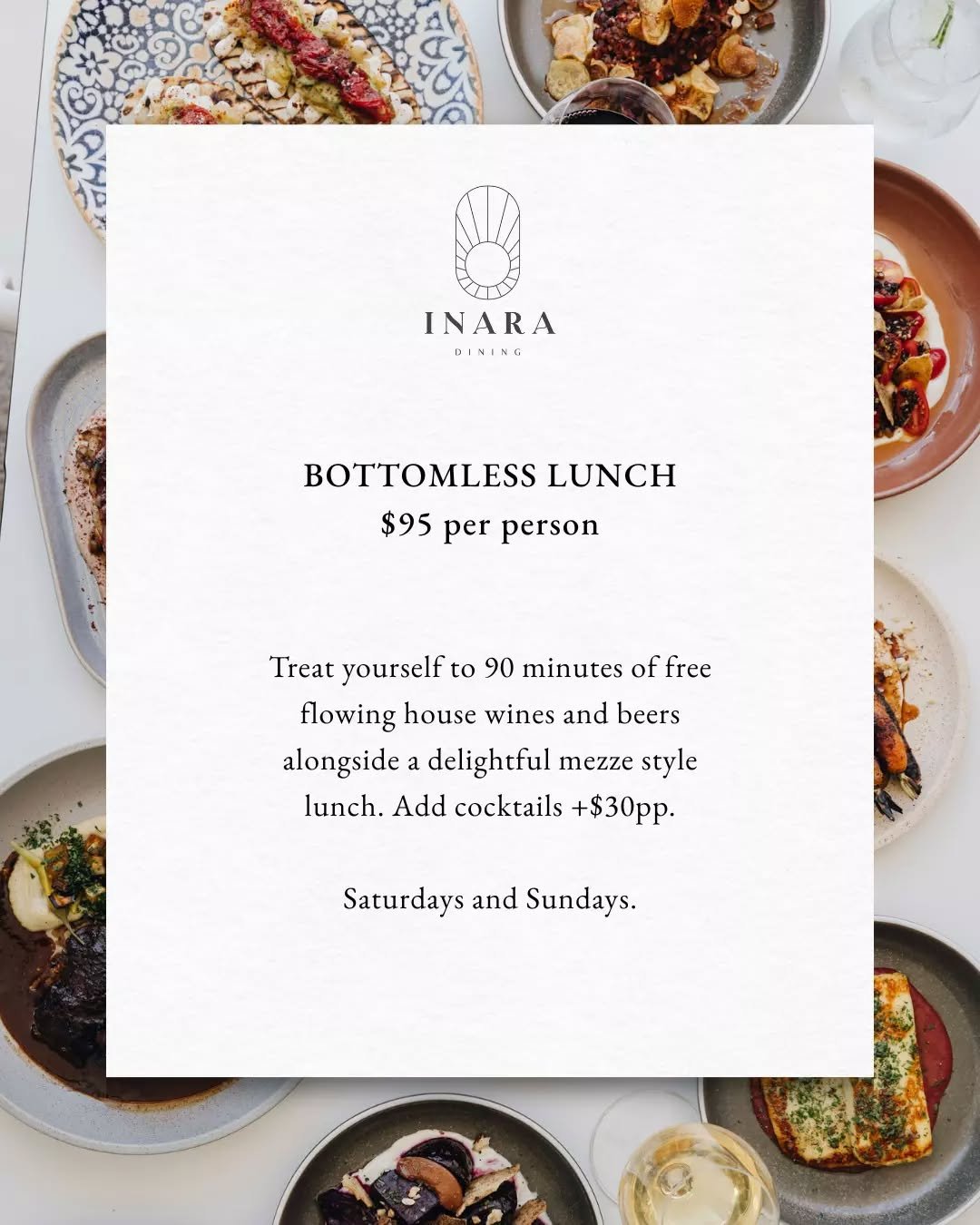 Send this to someone you're due a catch up! ❤️

Bottomless Lunch? This is your sign to book it in! 

A delicious array of mezze dishes complemented by quality drinks 🥂

Bottomless lunch, each Saturday and Sunday. $95pp, bookings essential.