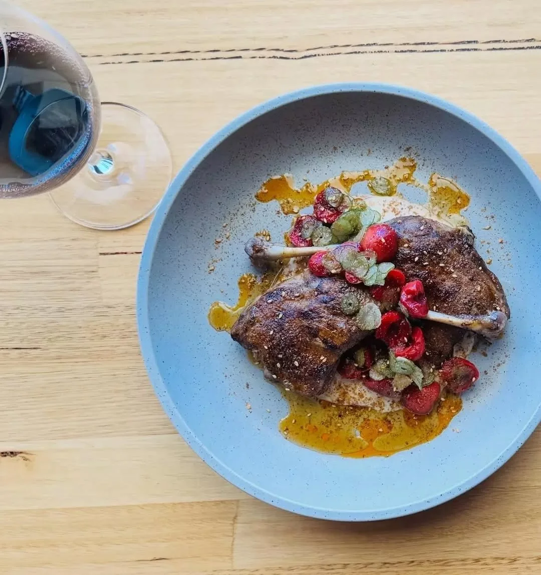 Manjimup cherries are the perfect accompaniment to our latest dish 🍒

Wagin Duck legs with pickled cherries, fermented fennel tops, cashew tahini and tomato molasses.

Another new addition to our summer menu ❤️