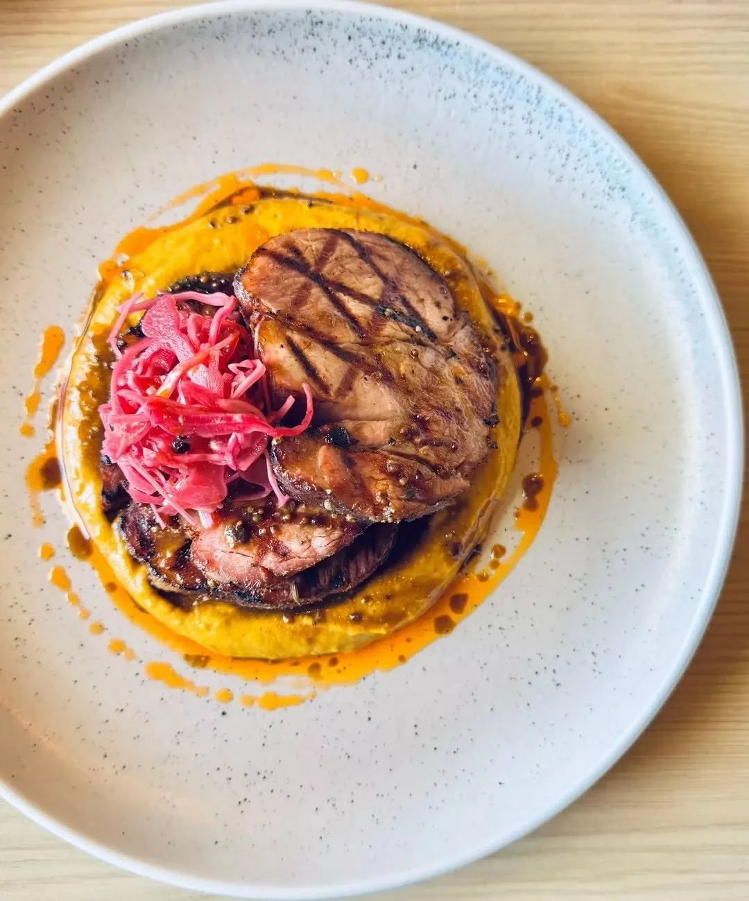 New on the Autumn Menu ~ 
Frankland River pork collar 'pastrami style', chrain sauce, carrot tsimmi, cabbage pickle.

We brine, spice and sous vide the pork to give it a gentle pastrami flavour ~ and the team agrees, it's as tasty as it is good-looki