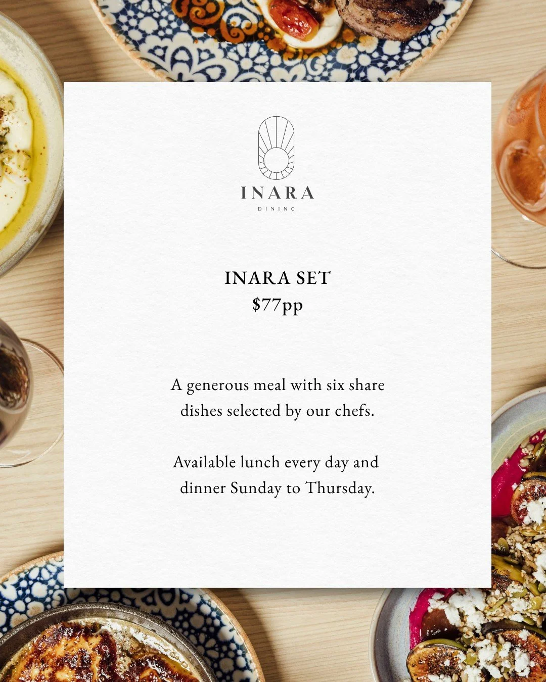 ✨🔥 INARA Set ~ a great way to experience INARA for the first time with an array of dishes that capture the spirit of Levantine cuisine.

~ Fresh baked bazlama
~ Hummus Mashaushe (Israeli Galilean-style hummus), tahini, whole chickpeas, red zhoug
~ H