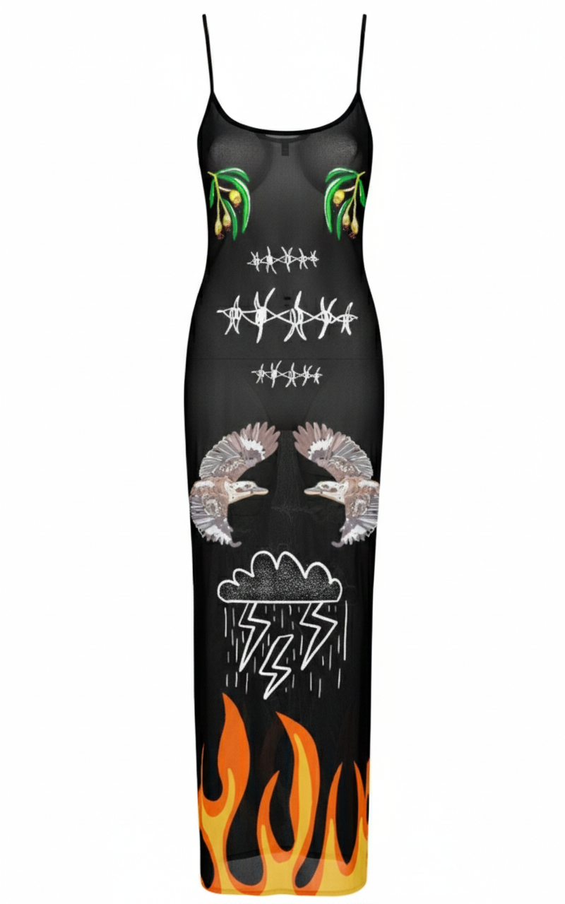 Infernal Chorus Sheer Mesh Backless Spaghetti Strap Dress