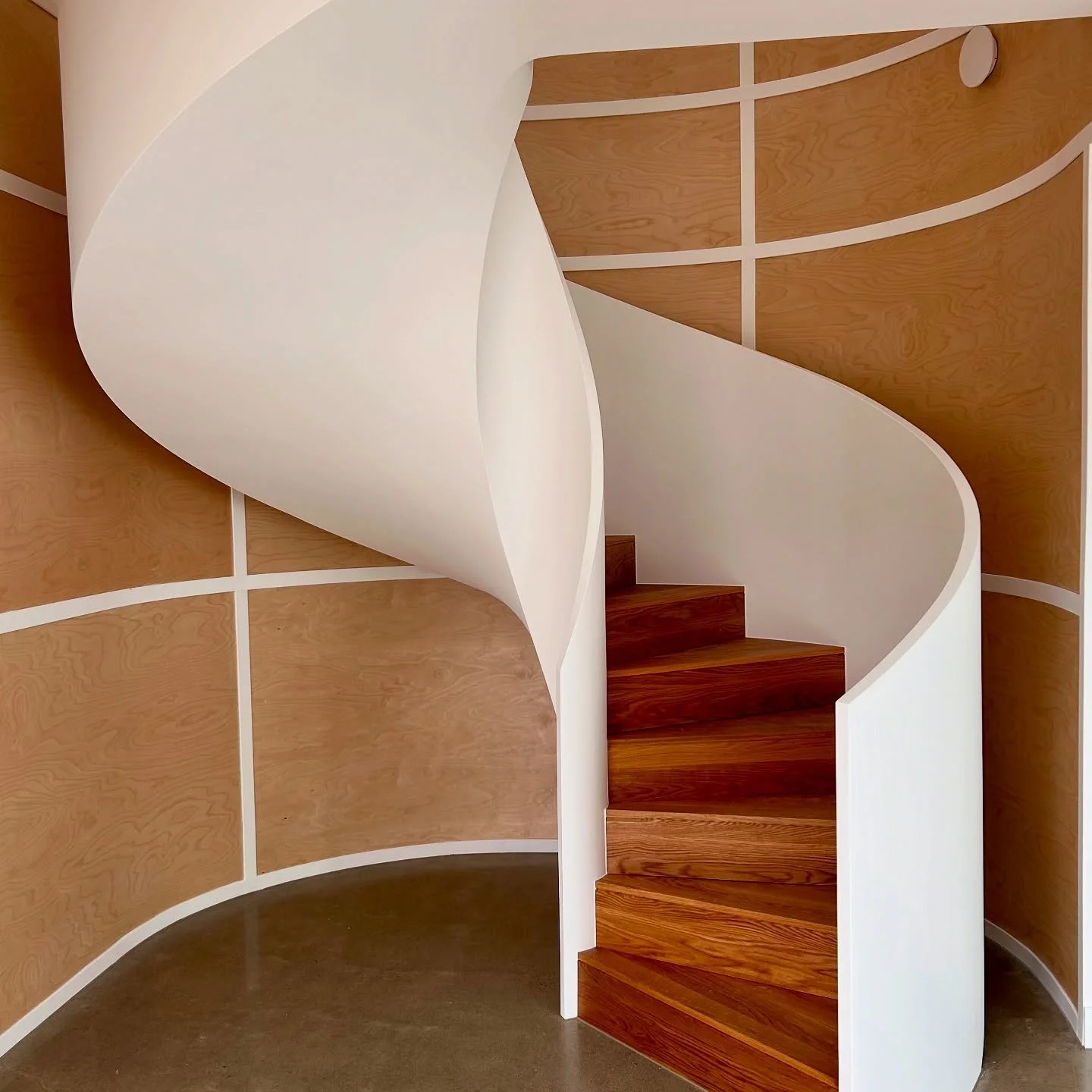 Curved Plywood to Spiral Staircase Wall 

Builder @gtbuildinggroup 
Architect @maxpritchardgunnerarchitects