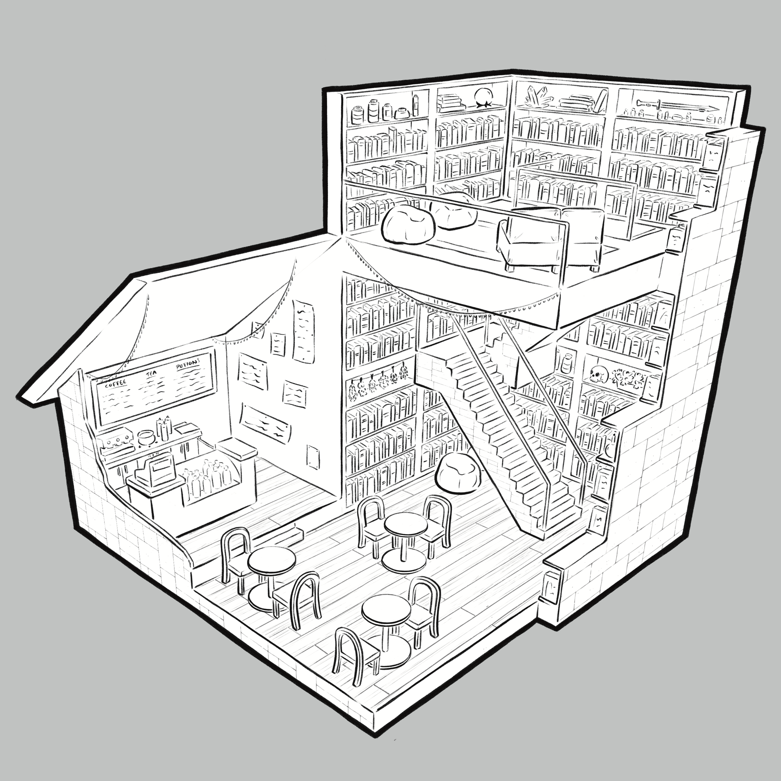 Tea and Tomes - Interior Cutaway, Digital, 2024