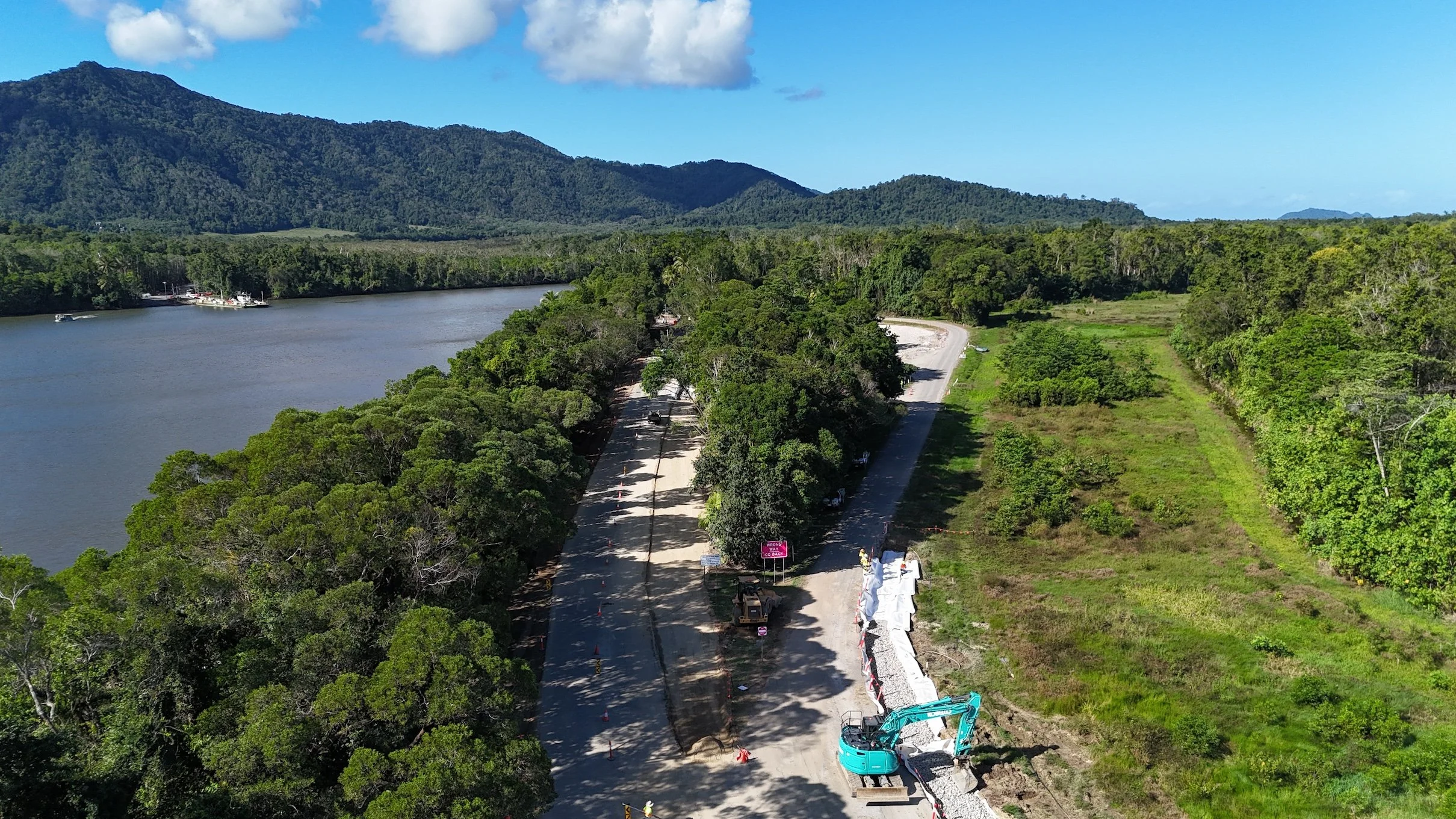 Aerial view of Daintree Ferry landside infrastructure upgrade works beside the Daintree River