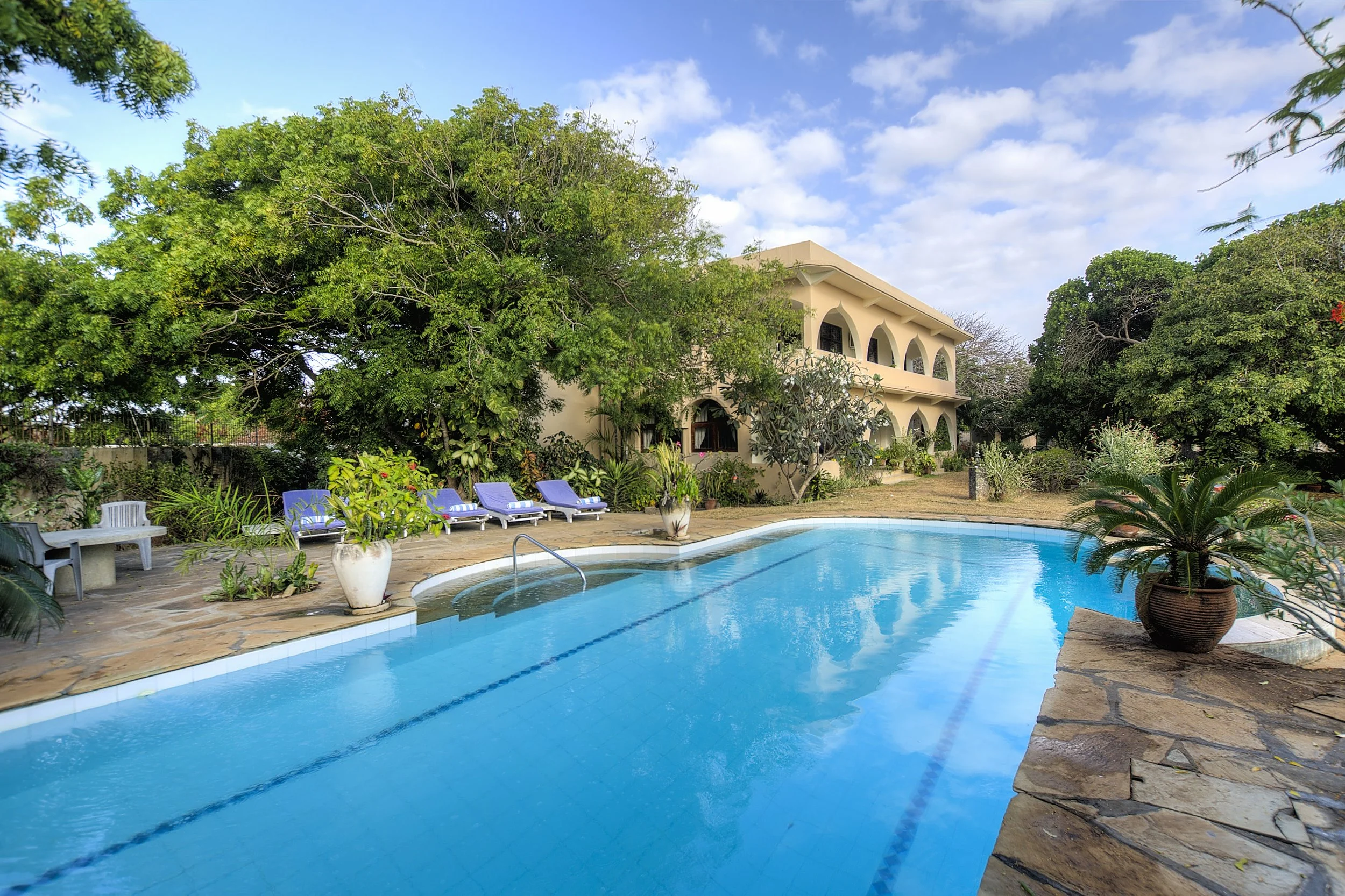 Pool, sun-loungers, landscaped garden and our Maweni House 