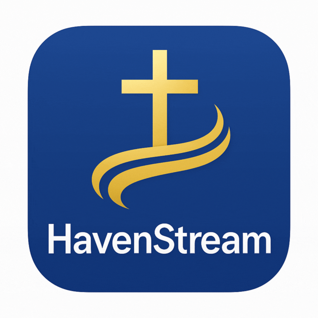 App icon with a blue background, a gold cross, and two curved lines underneath, with the text 'HavenStream' at the bottom.