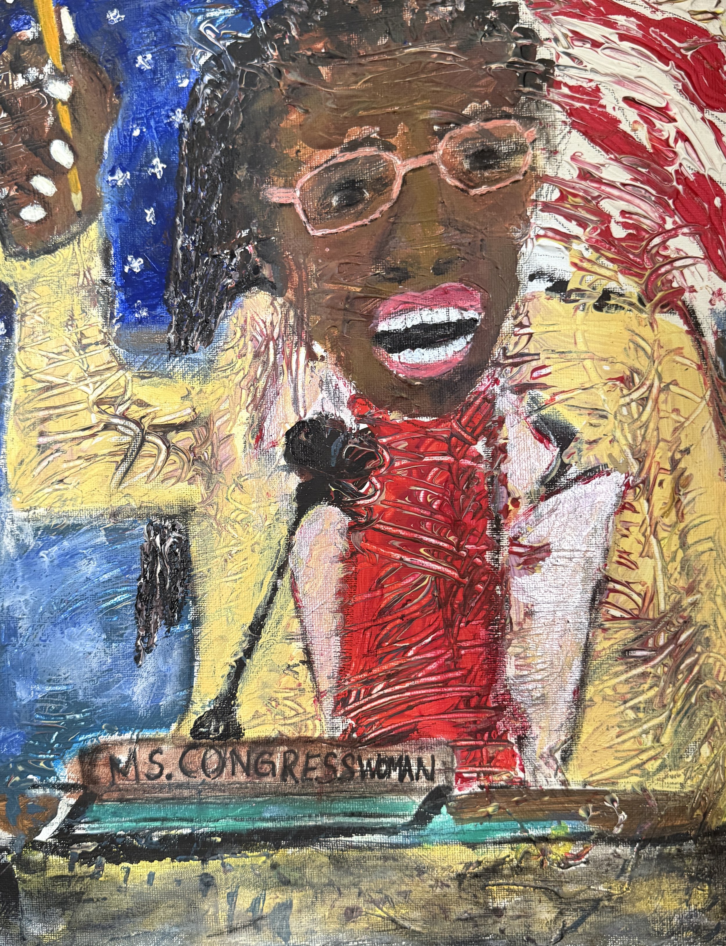 "Ms. Congresswoman", 9in x 12in acrylic/mixed media on stretched canvas, 2025