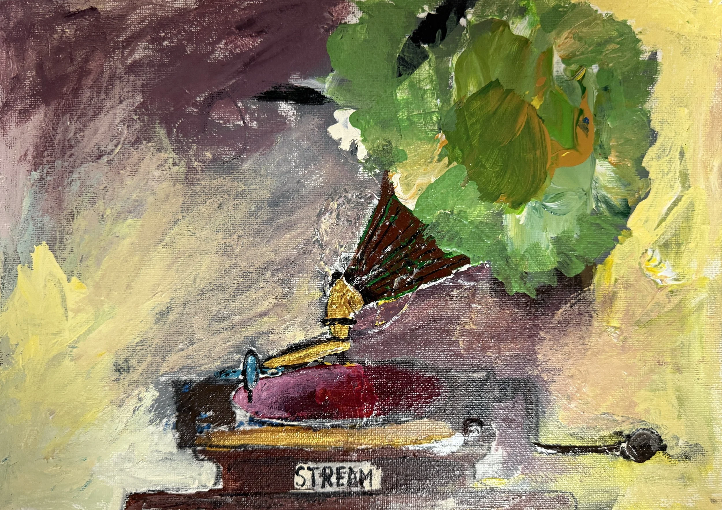 "Tables Are Turning", 12n x 9in acrylic on canvas panel, 2025