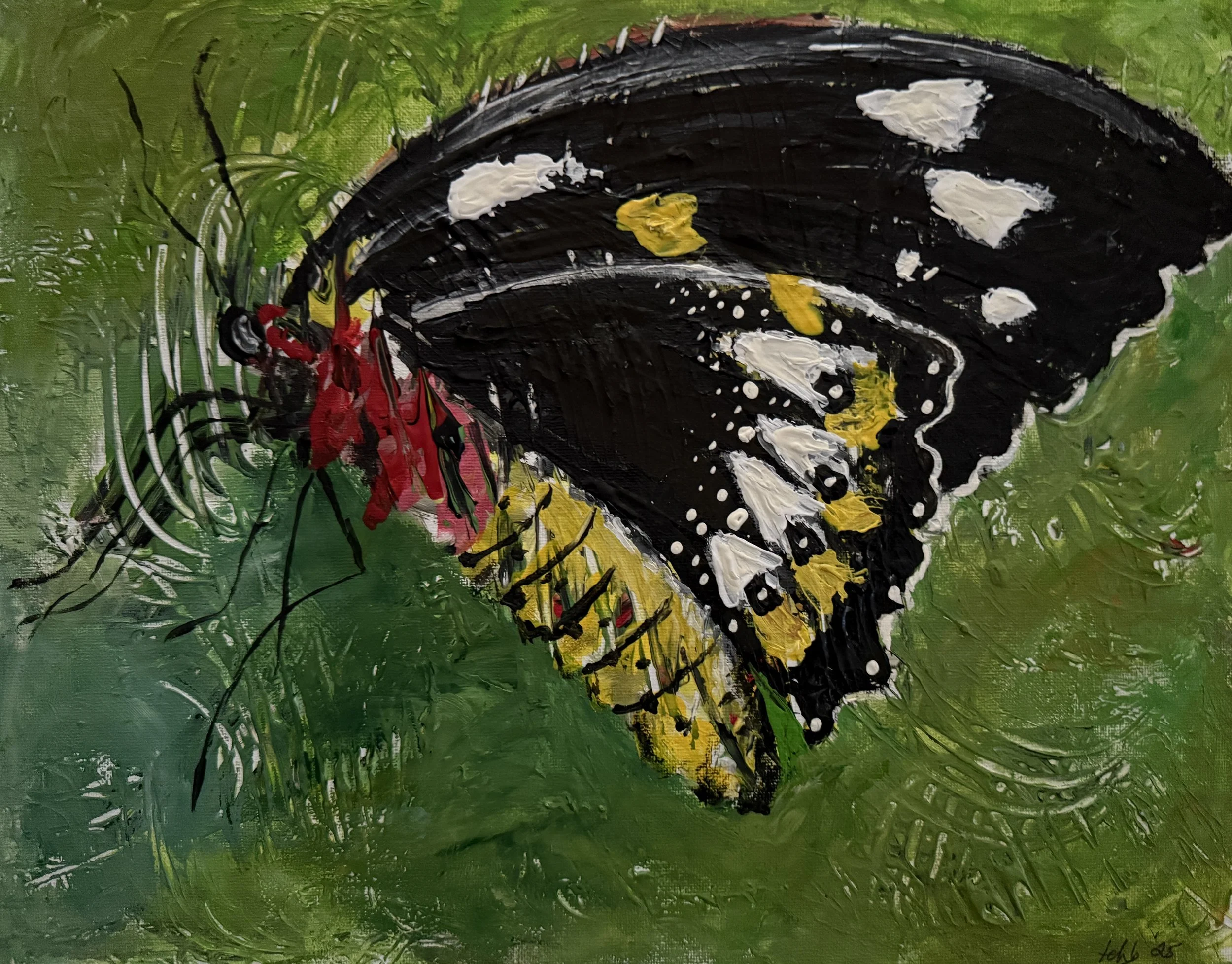 "Buttahfly In Garden", 9in x 12in acrylic/mixed media on stretched canvas, 2025