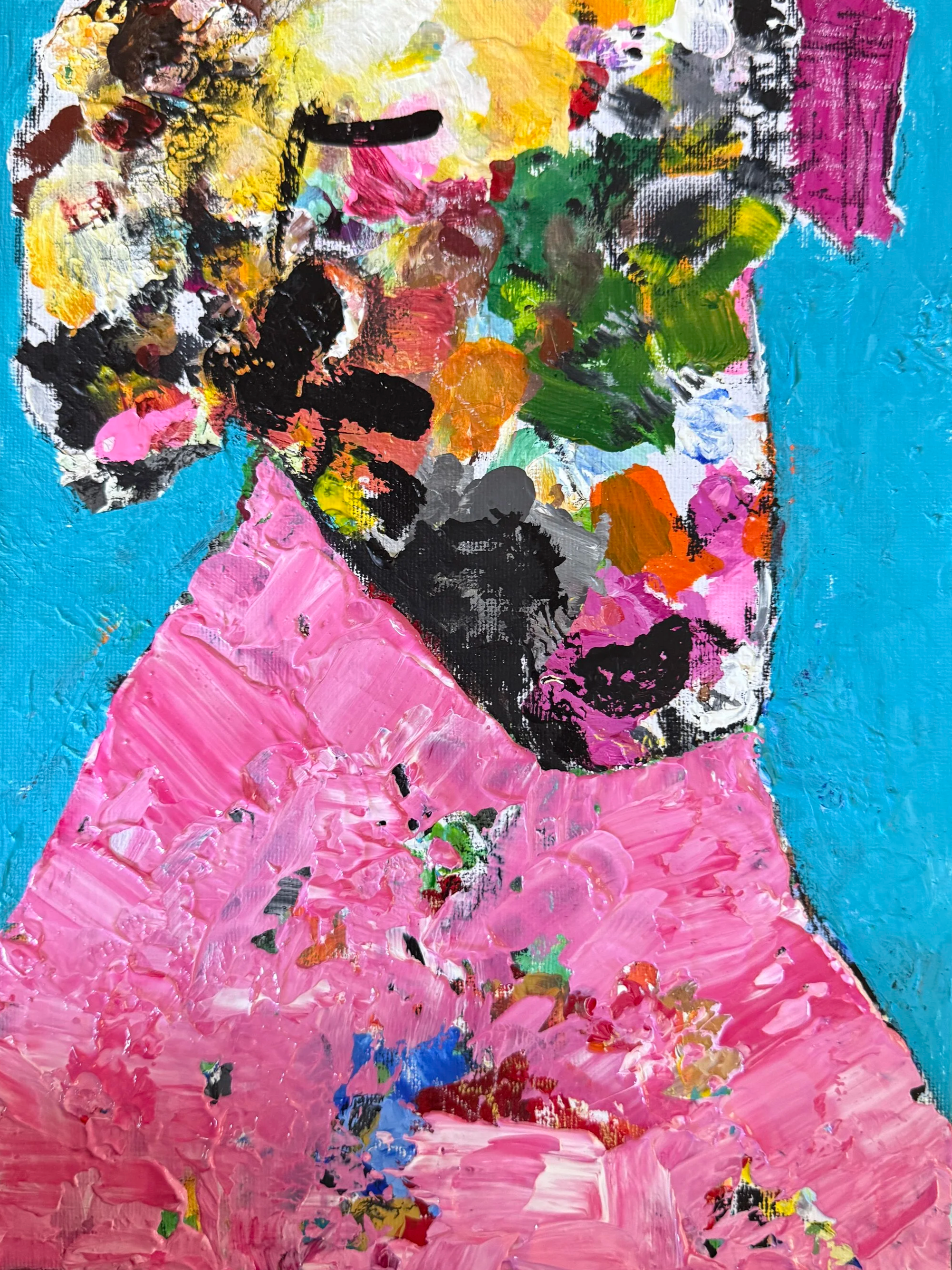 "Dog In Pink", 9in x 12in acrylic/mixed media on stretched canvas, 2025