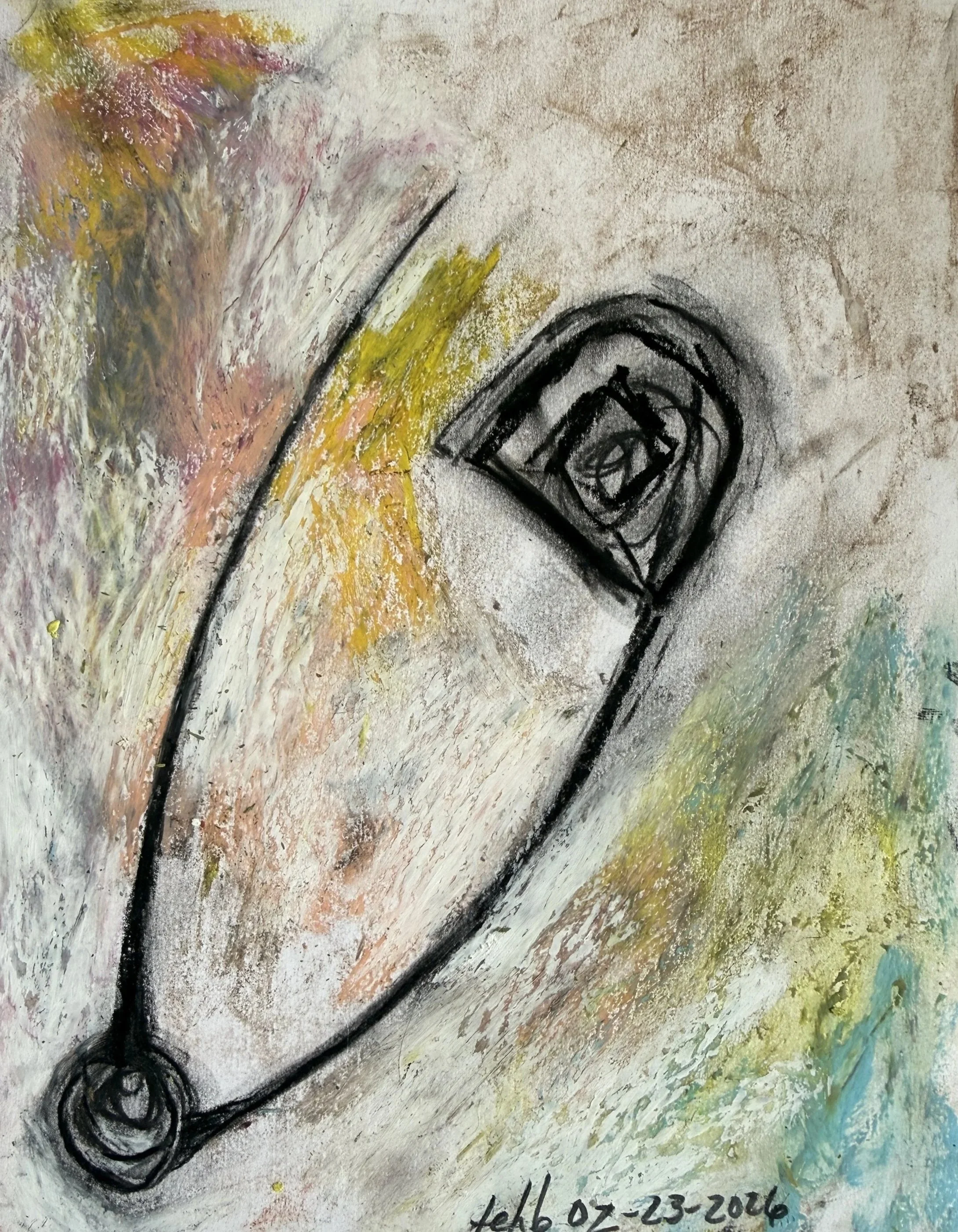 "Safety Pin", 8in x 10in acrylic/oil pastel on 120lb W/C paper, 2026