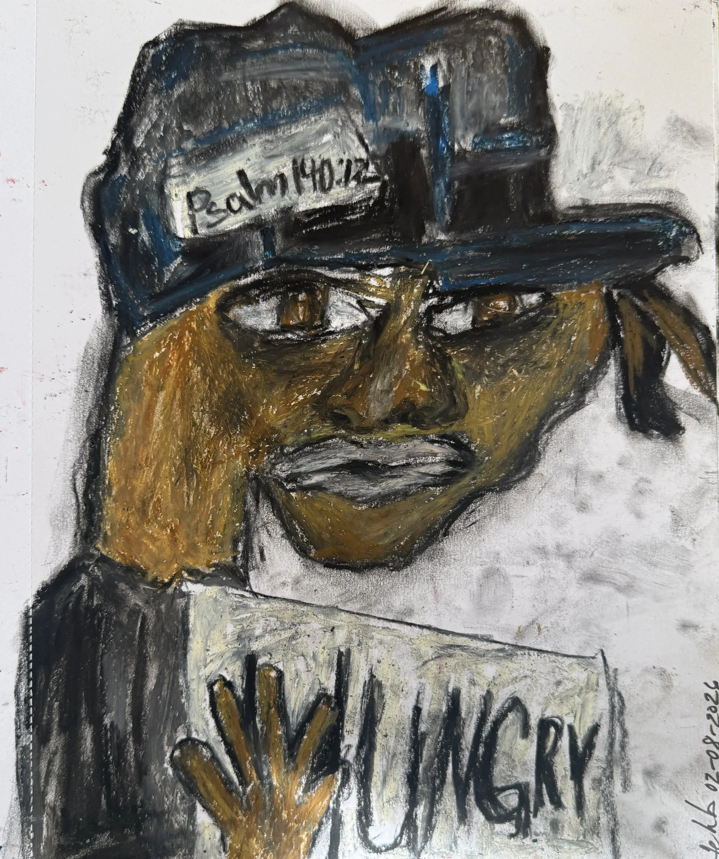 "Hungry", 8in x 10in oil pastels on 120lb W/C paper, 2026