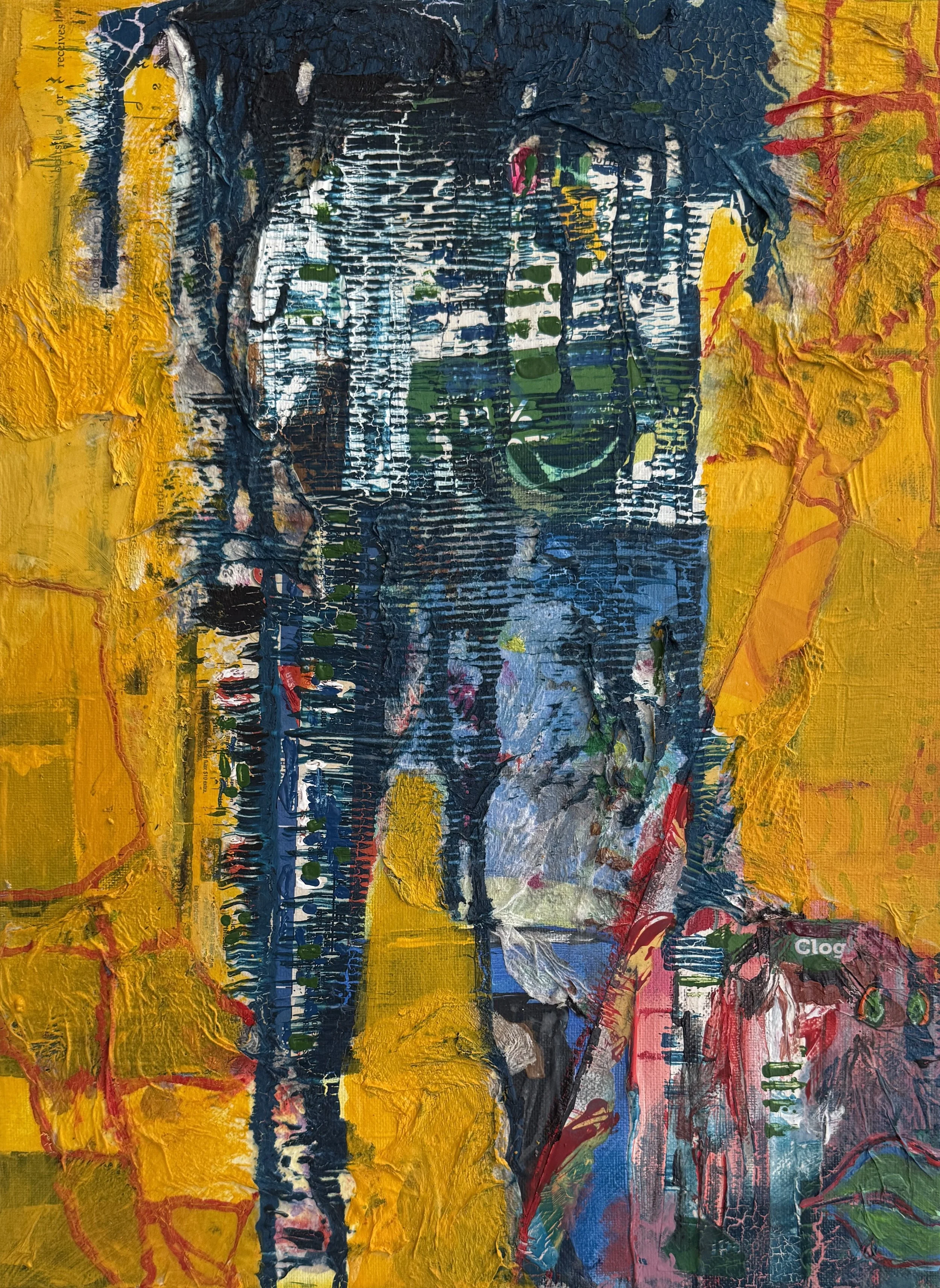 "High-Heeled Clog", 9in x 12in acrylic/mixed media on stretched canvas, 2025