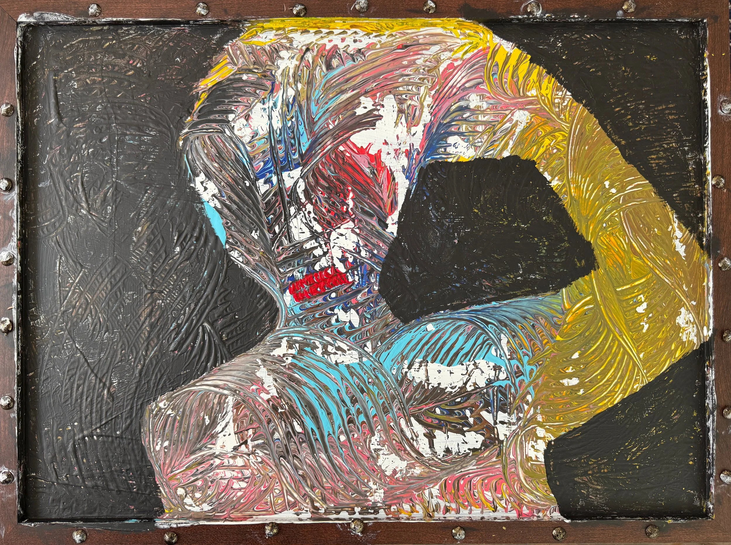 "Scratch My Head", 18in x 24in acrylic on erase board, framed, 2025