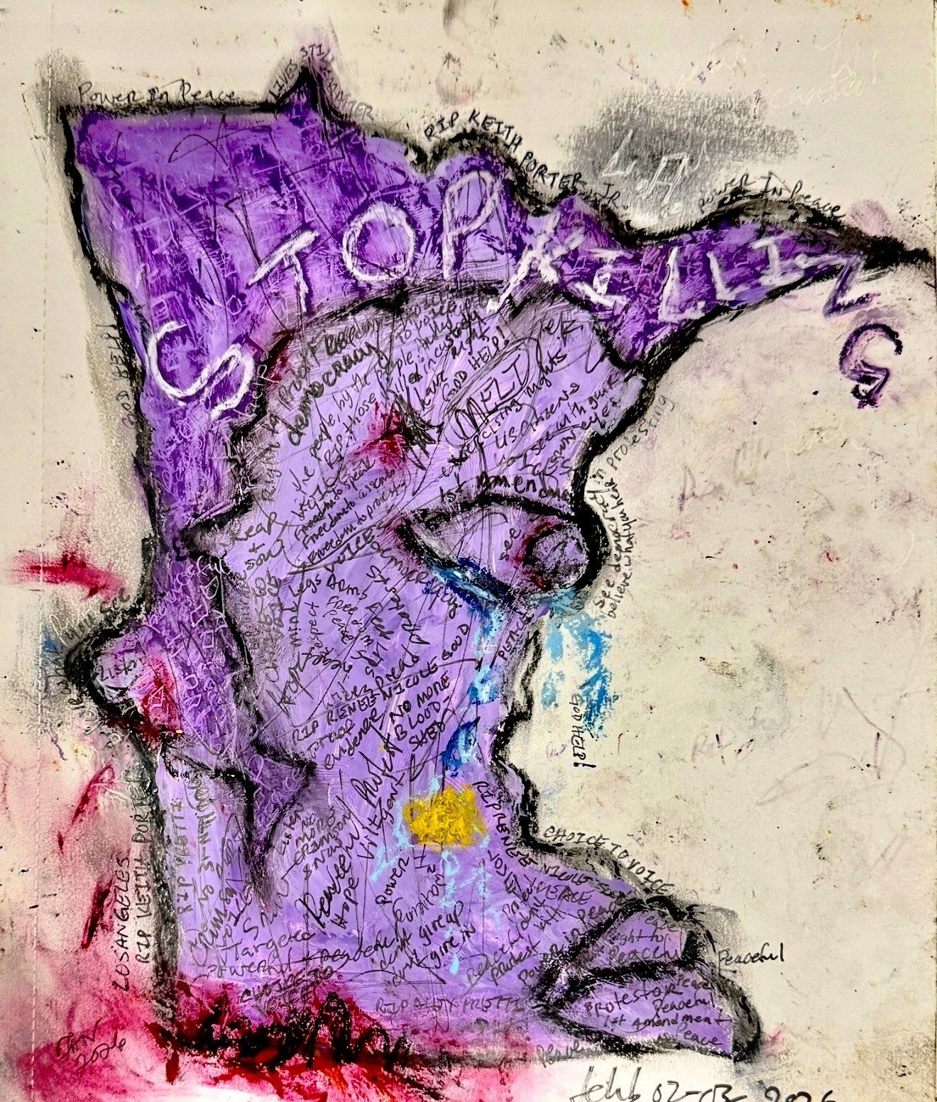 "Minnesota Weeps", 8in x 10in acrylic/mixed media on 120lb W/C paper, 2026