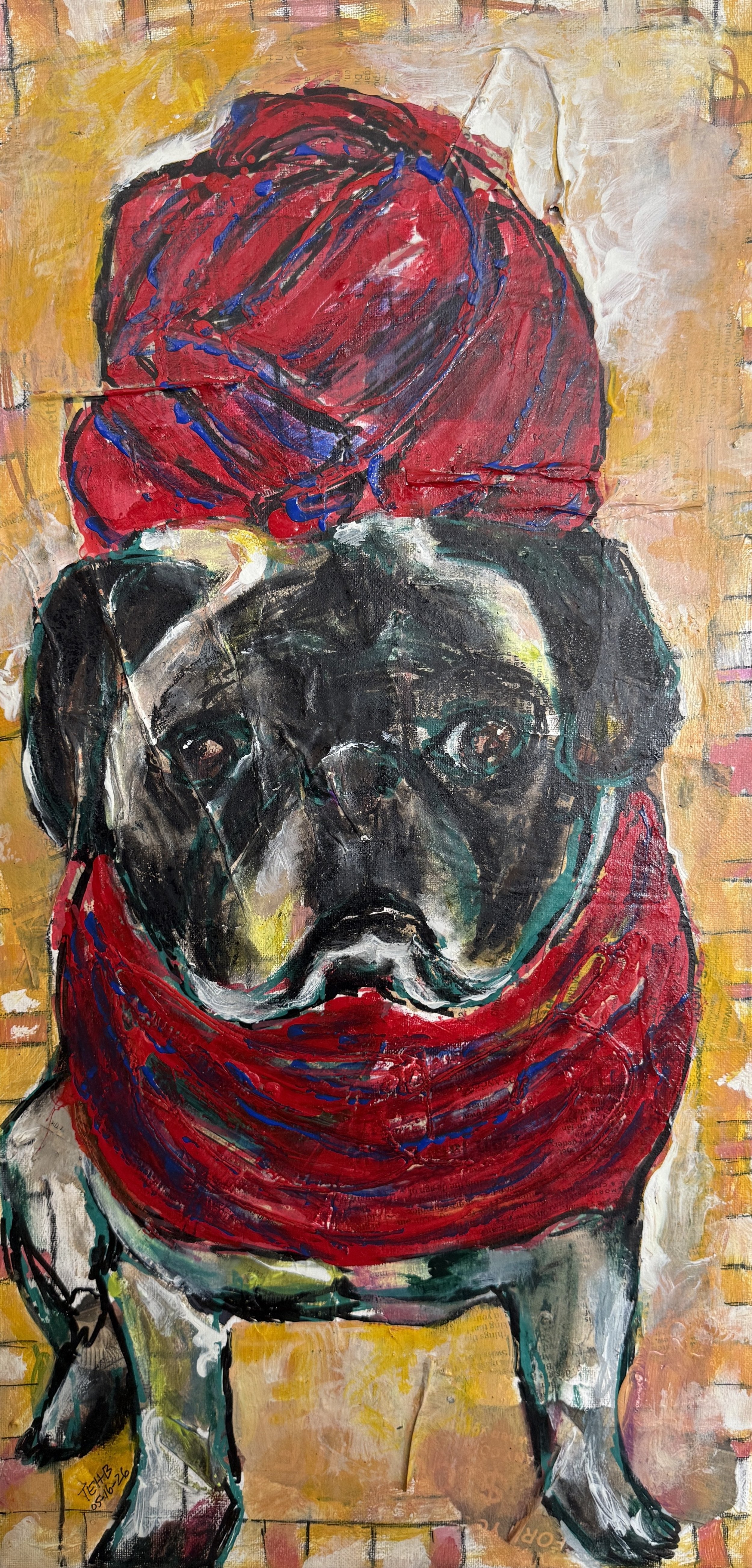 "Lilly Bug In Red", 10in x 24in acrylic/mixed media on stretched canvas, 2025