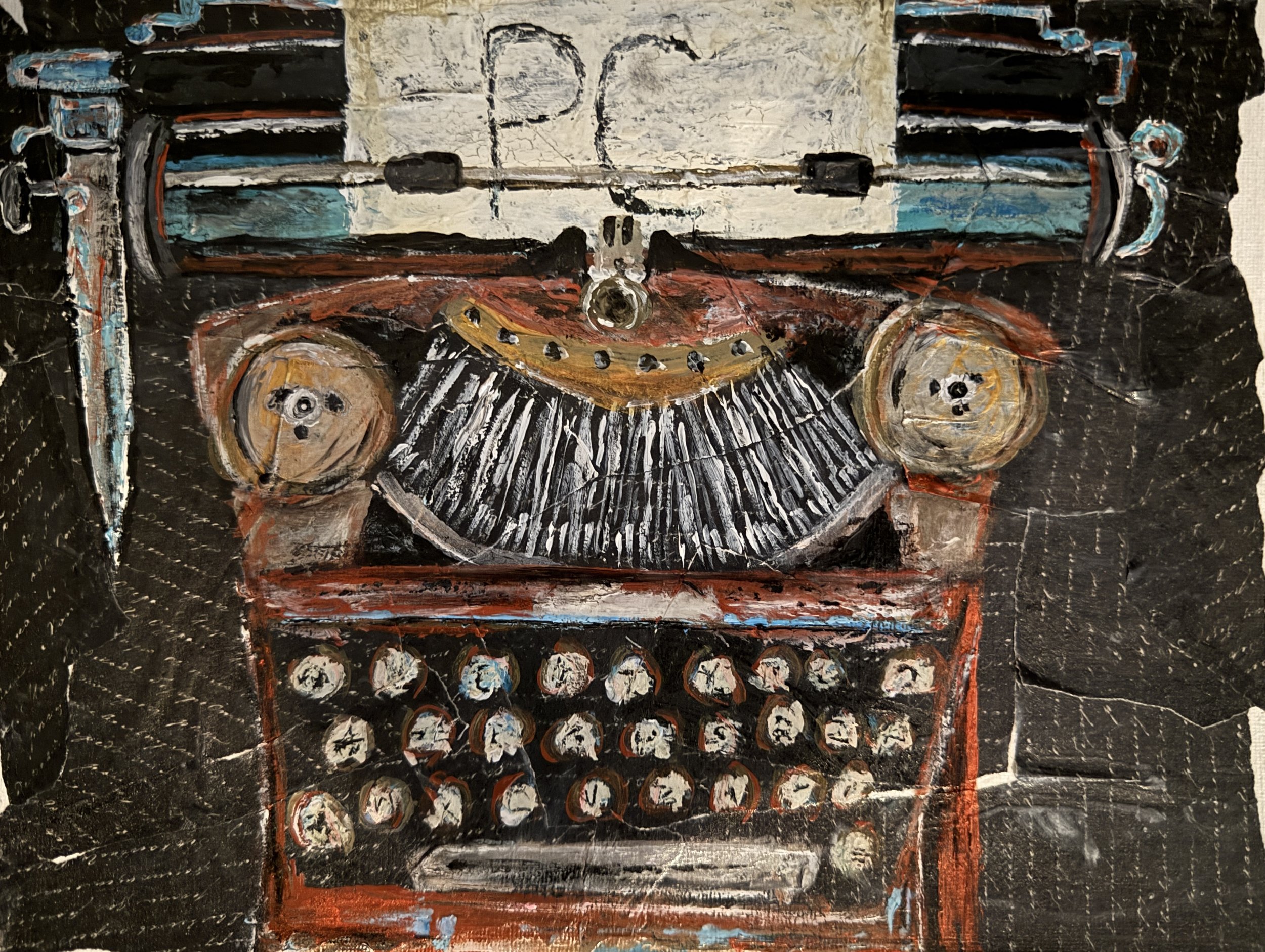 "Typewriter PC", 12n x 9in acrylic on canvas panel, 2025