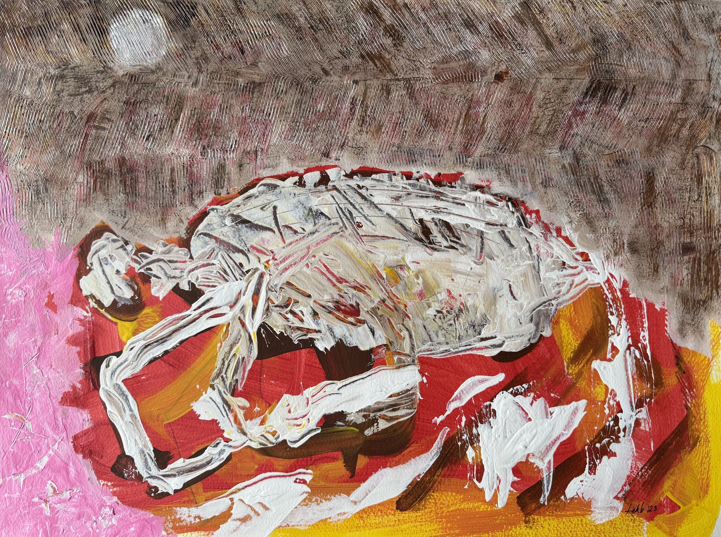 "The Tick & The Flea", 24in x 18in acrylic on 140lb W/C paper, 2023