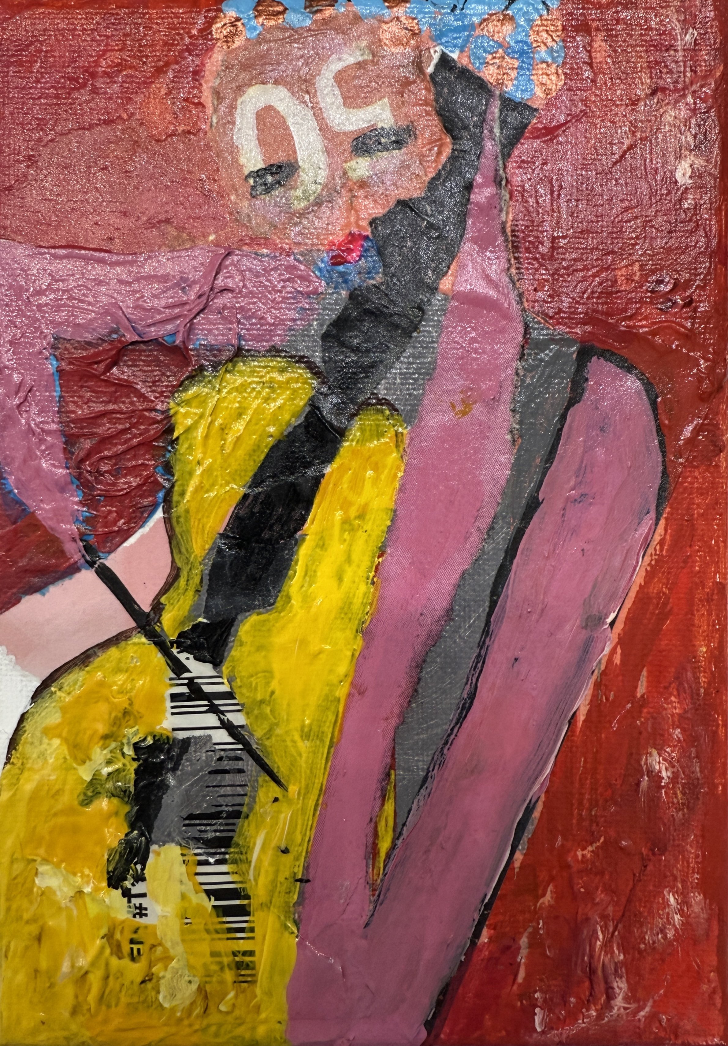 "Mellowest Cellist", 5in x 7in acrylic/mixed media on stretched canvas, 2025