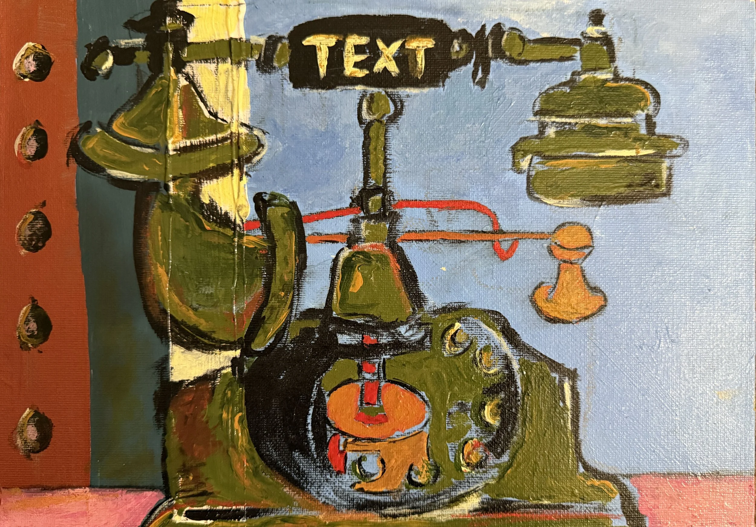 "Text Me If You Can", 12n x 9in acrylic on canvas panel, 2025