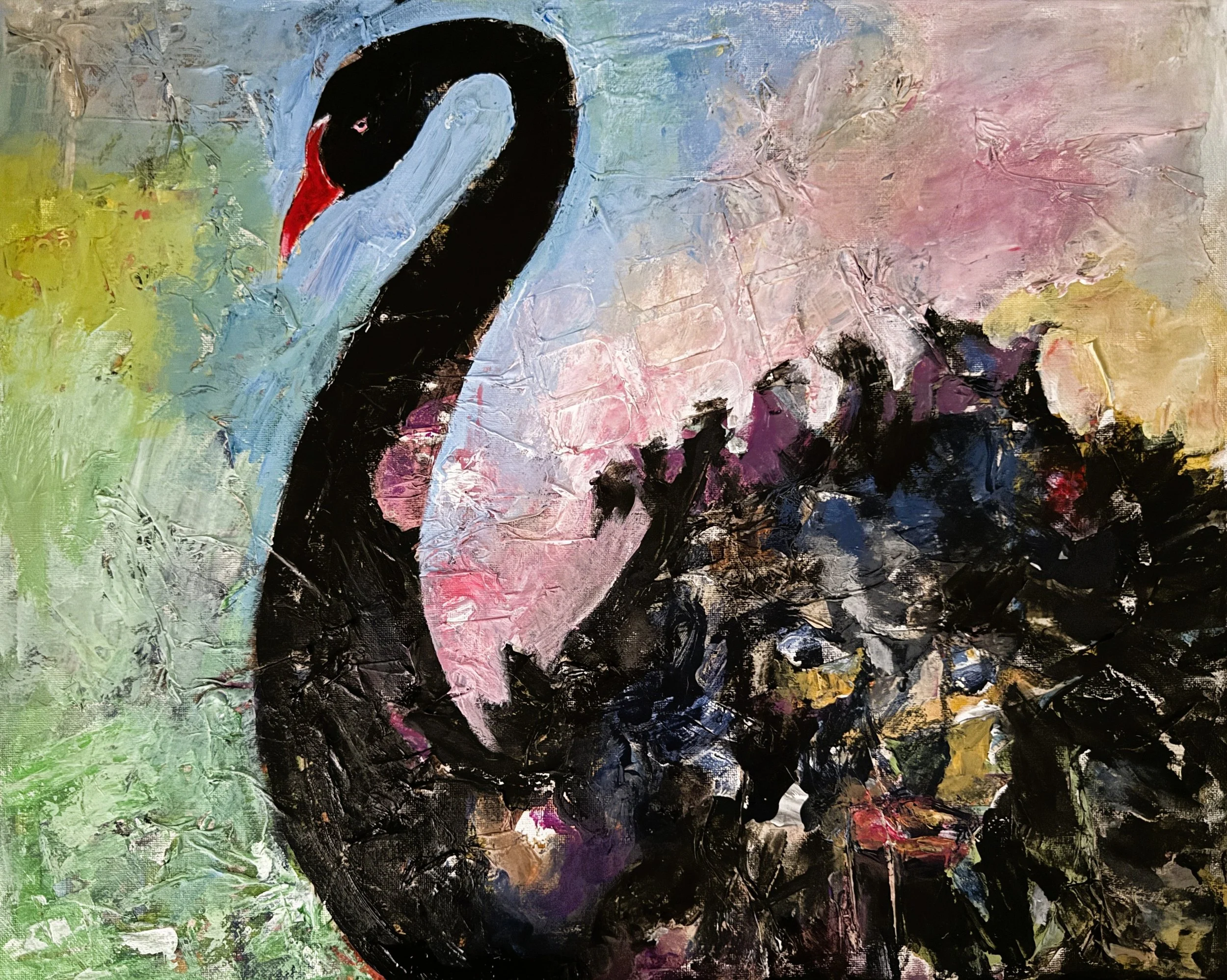 "Black Swan", 24in x 18in acrylic/mixed media on stretched canvas, 2026