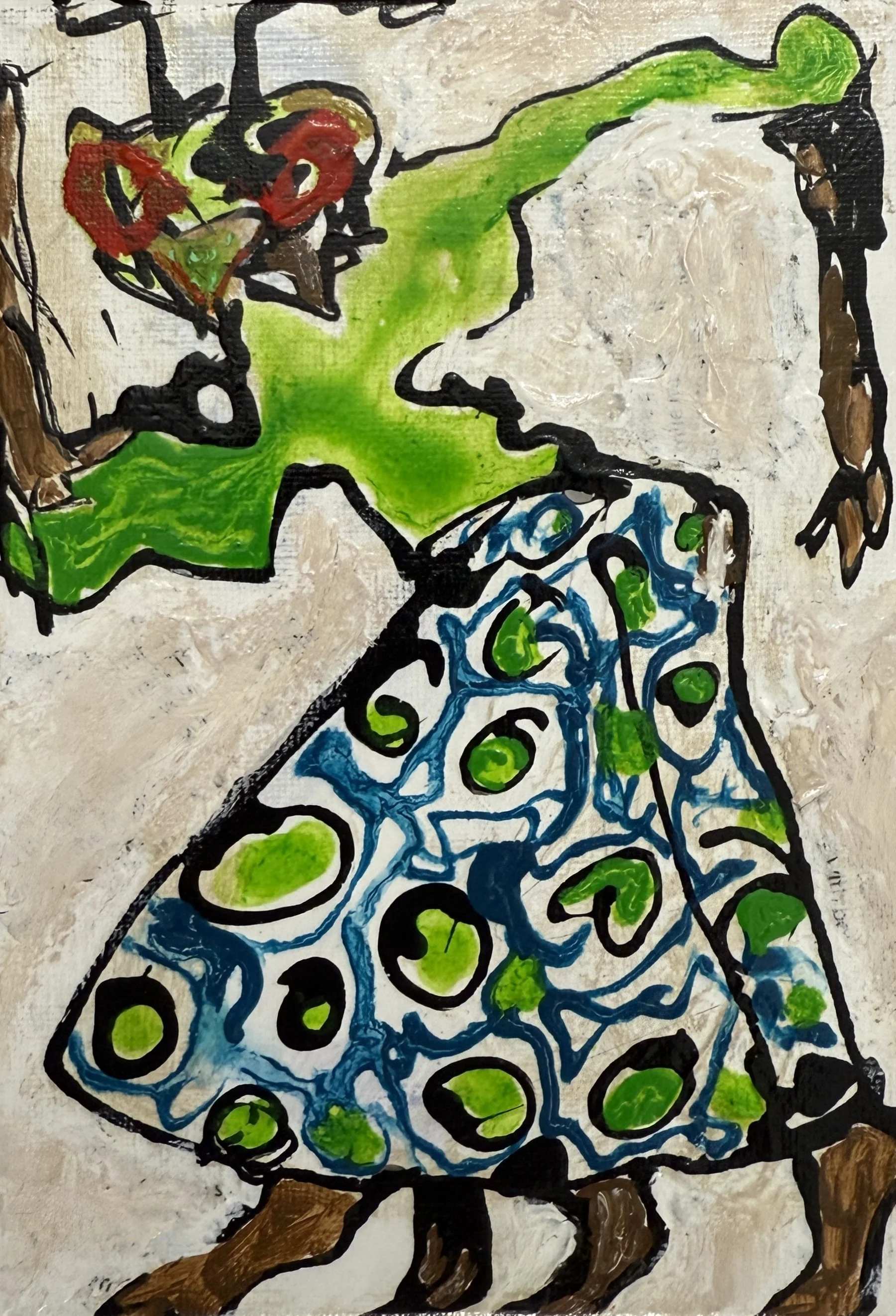 "Mantis Dance, 5in x 7in acrylic/mixed media on stretched canvas, 2025