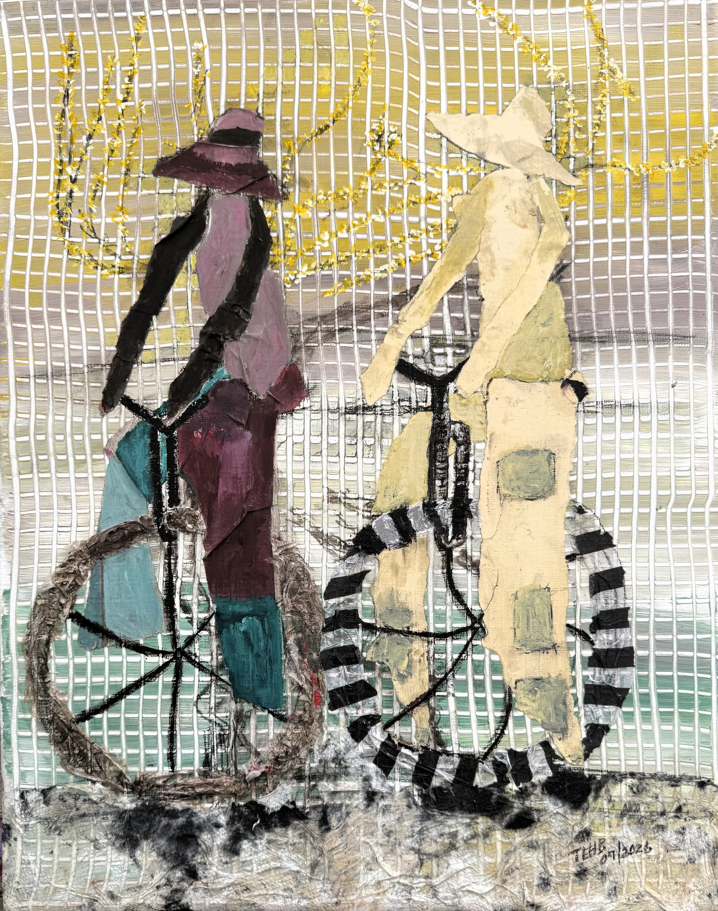 "The Unicyclists", 12in x 18in acrylic/mixed media on stretched canvas, 2026