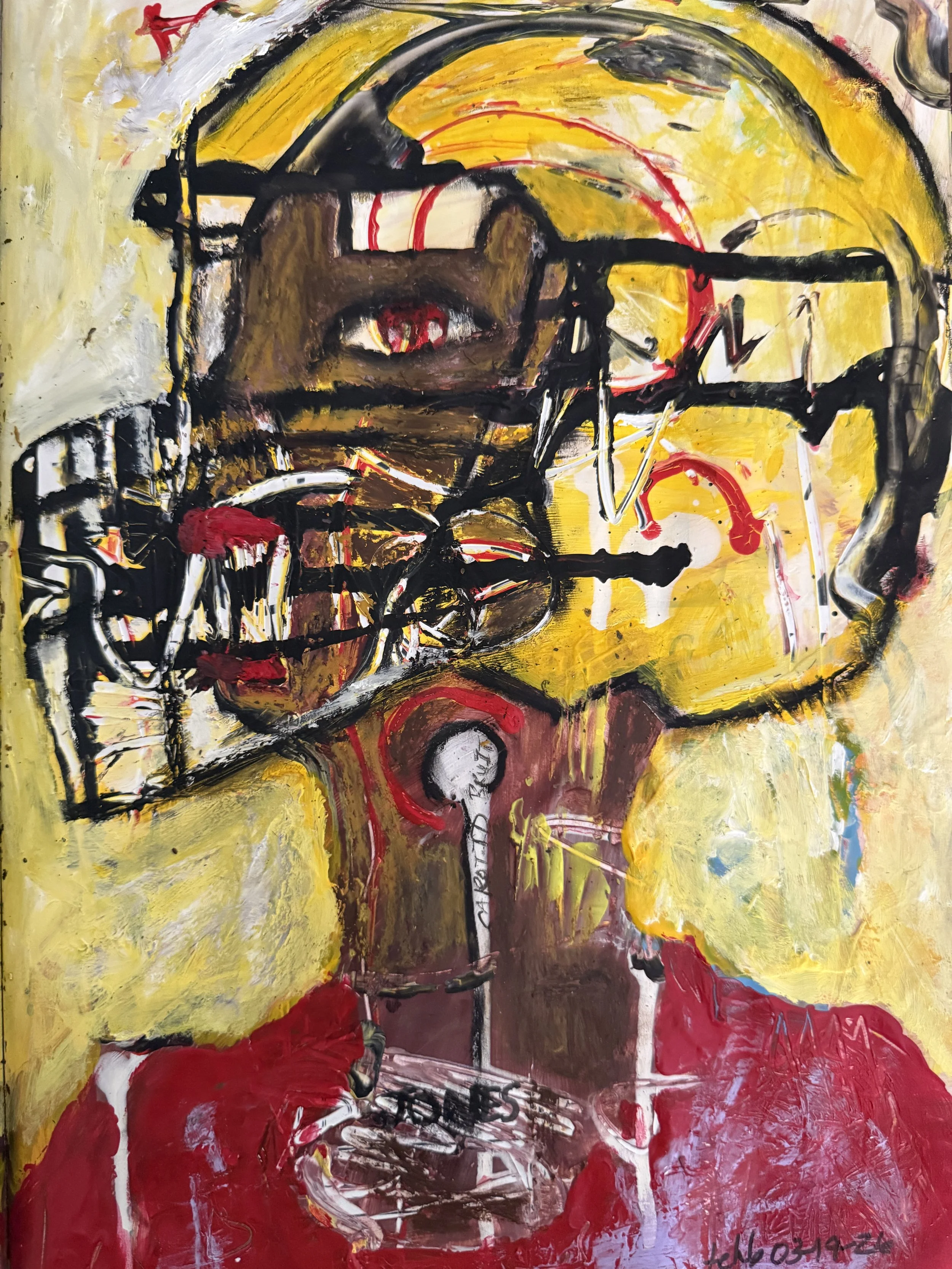 "Susceptible; Therefore, A Helmet", 9in x 13in acrylic/mixed media on paper, 2026