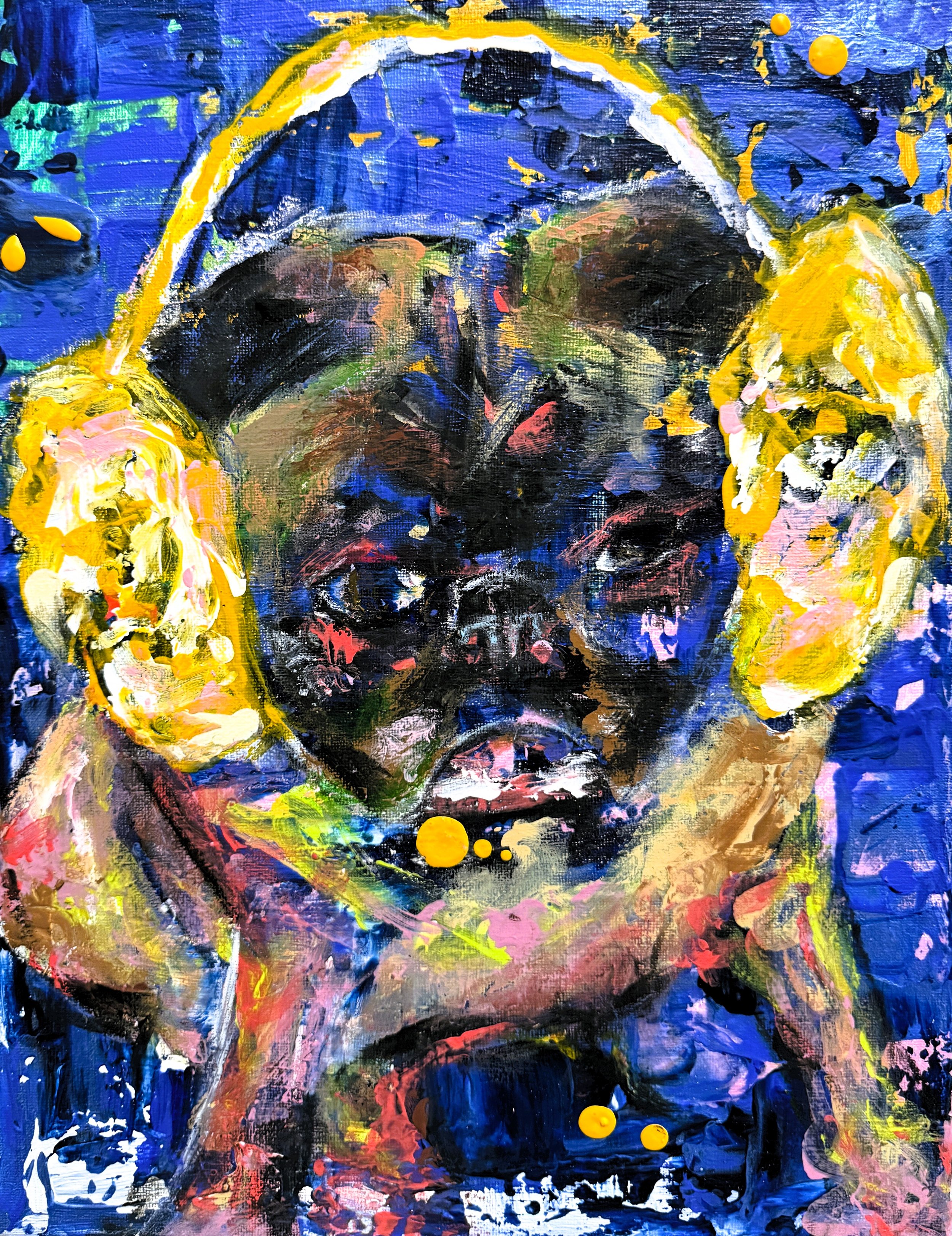 "Buggy Pug In Earmuffs", 9in x 12in acrylic on stretched canvas, 2025