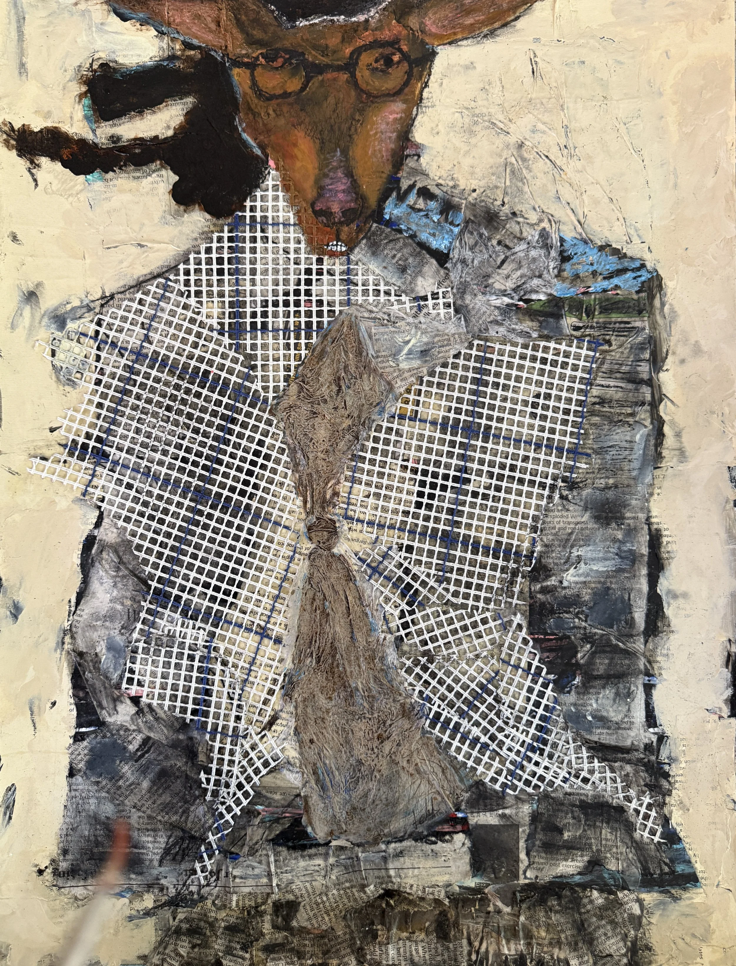 "Networking Pinscher", 18in x 24in acrylic/mixed media on 140lb W/C paper, 2025