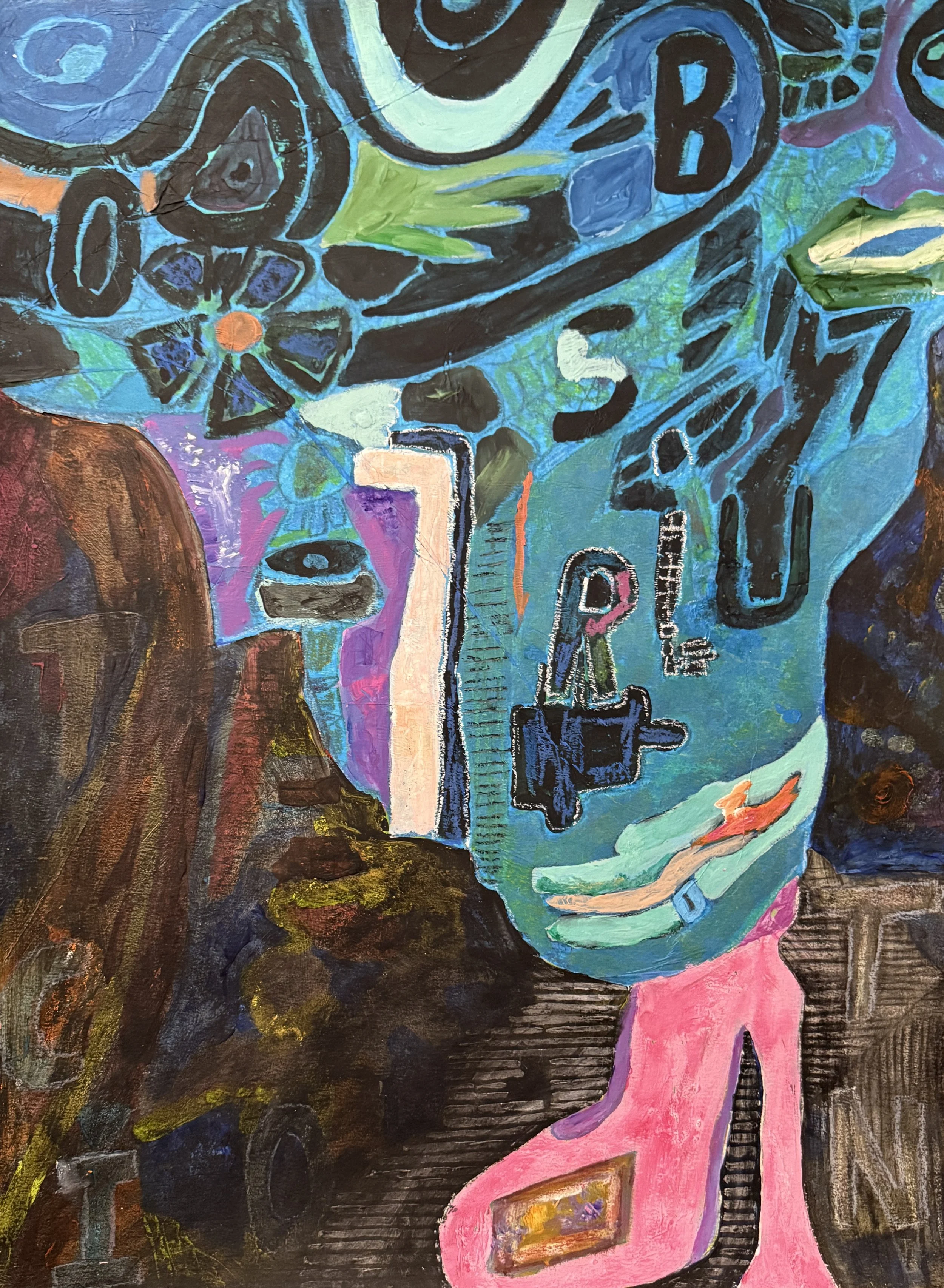 "Pink Shoe Blue Head", 18in x 24in acrylic on 140lb W/C paper, 2025
