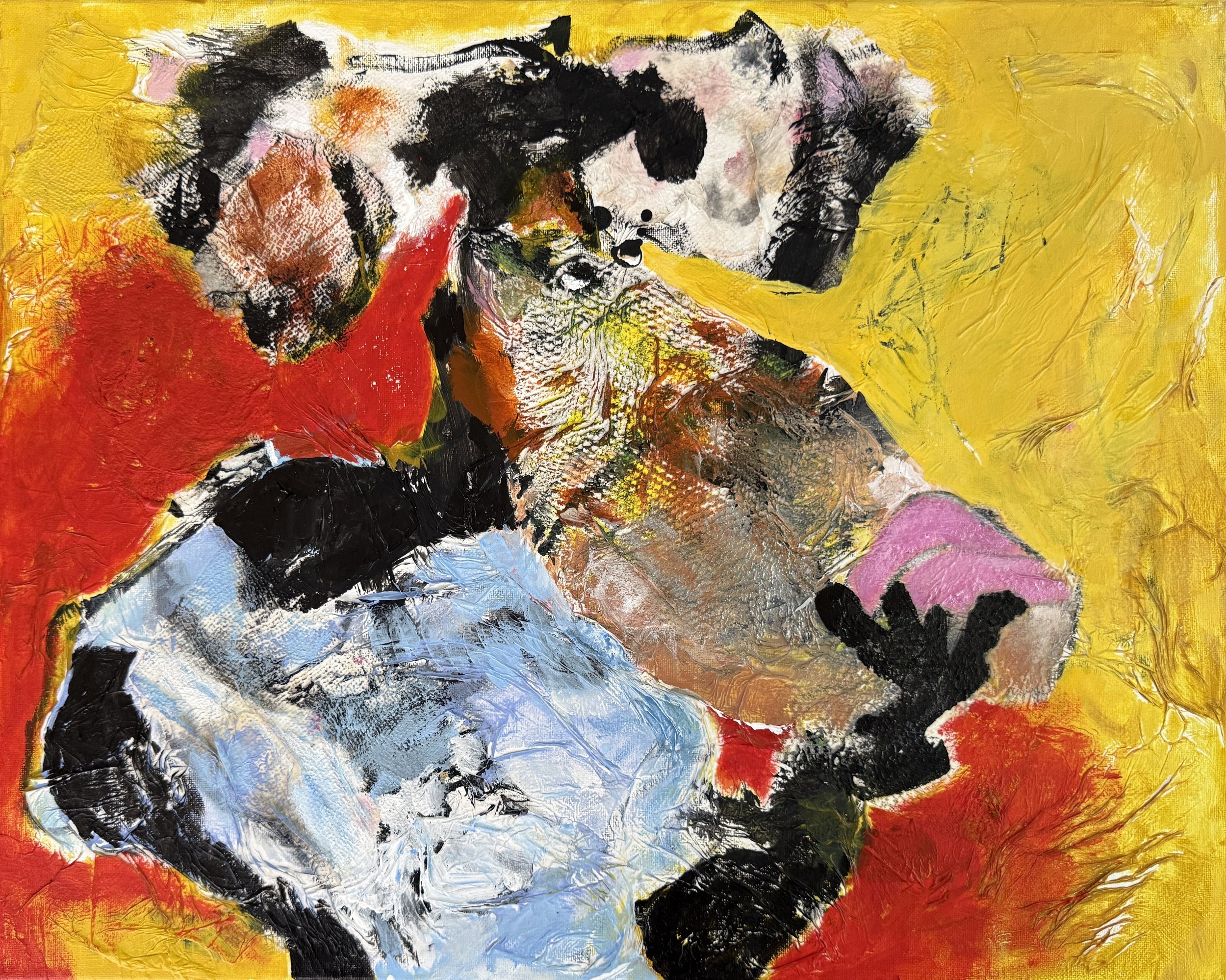 "Cow Thinking", 24in x 18in acrylic/mixed media on stretched canvas, 2026