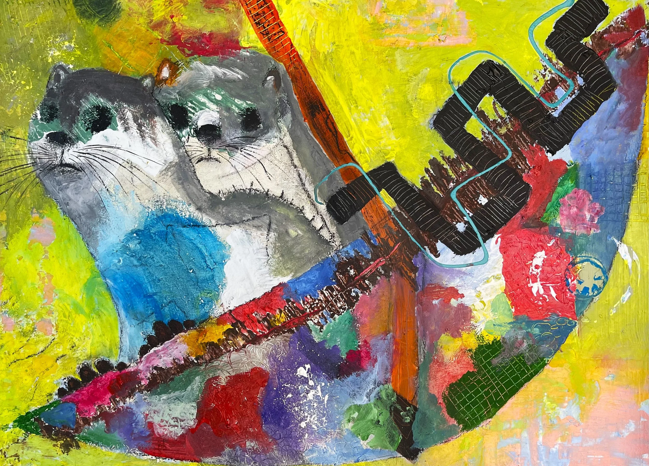 "Otters In Parasol", 24in x 18in acrylic/mixed media on 140lb W/C paper, 2025