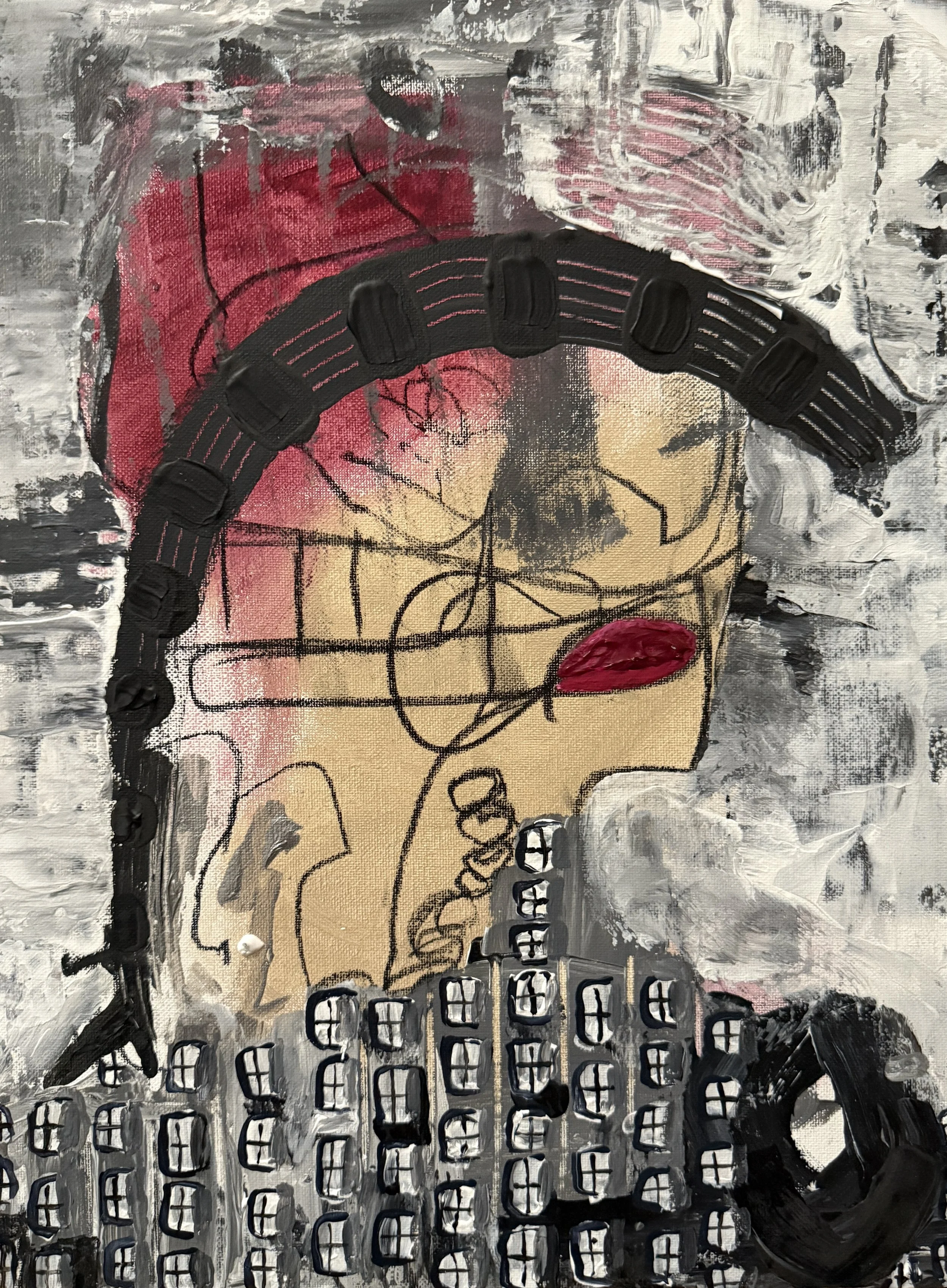 "Braid In The City", 9in x 12in acrylic/mixed media on stretched canvas, 2025