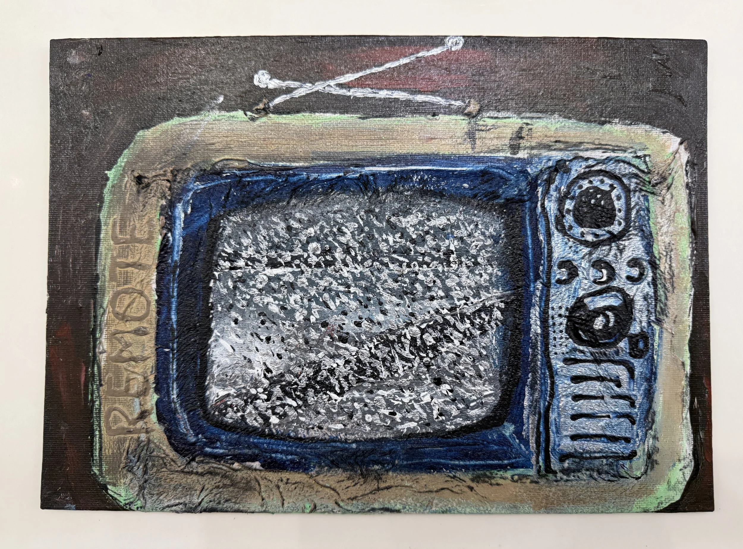 "Old Remoteless TV", 12n x 9in acrylic on canvas panel, 2025