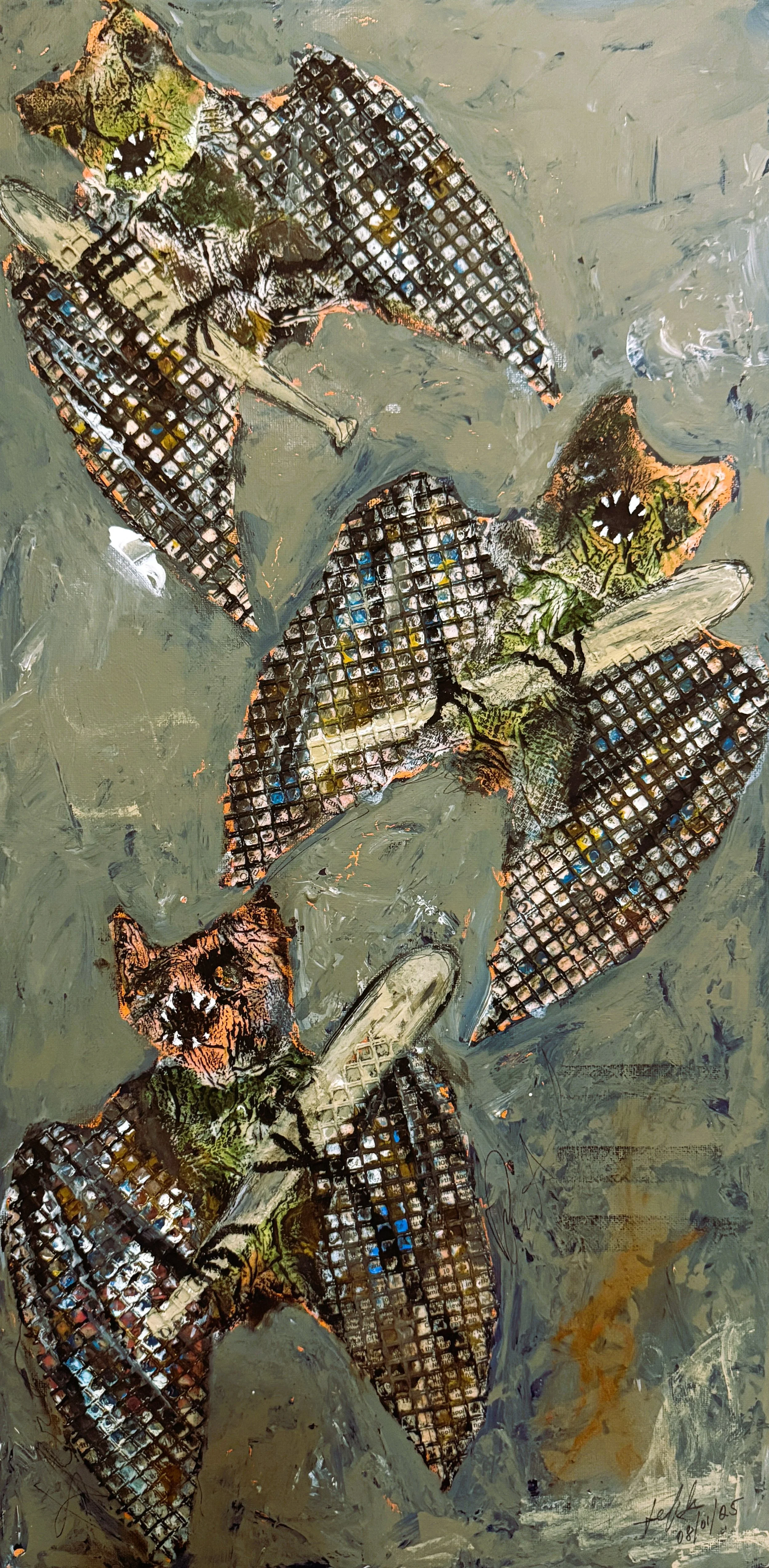 "Bats With Bats", 10in x 24in acrylic/mixed media on stretched canvas, 2025
