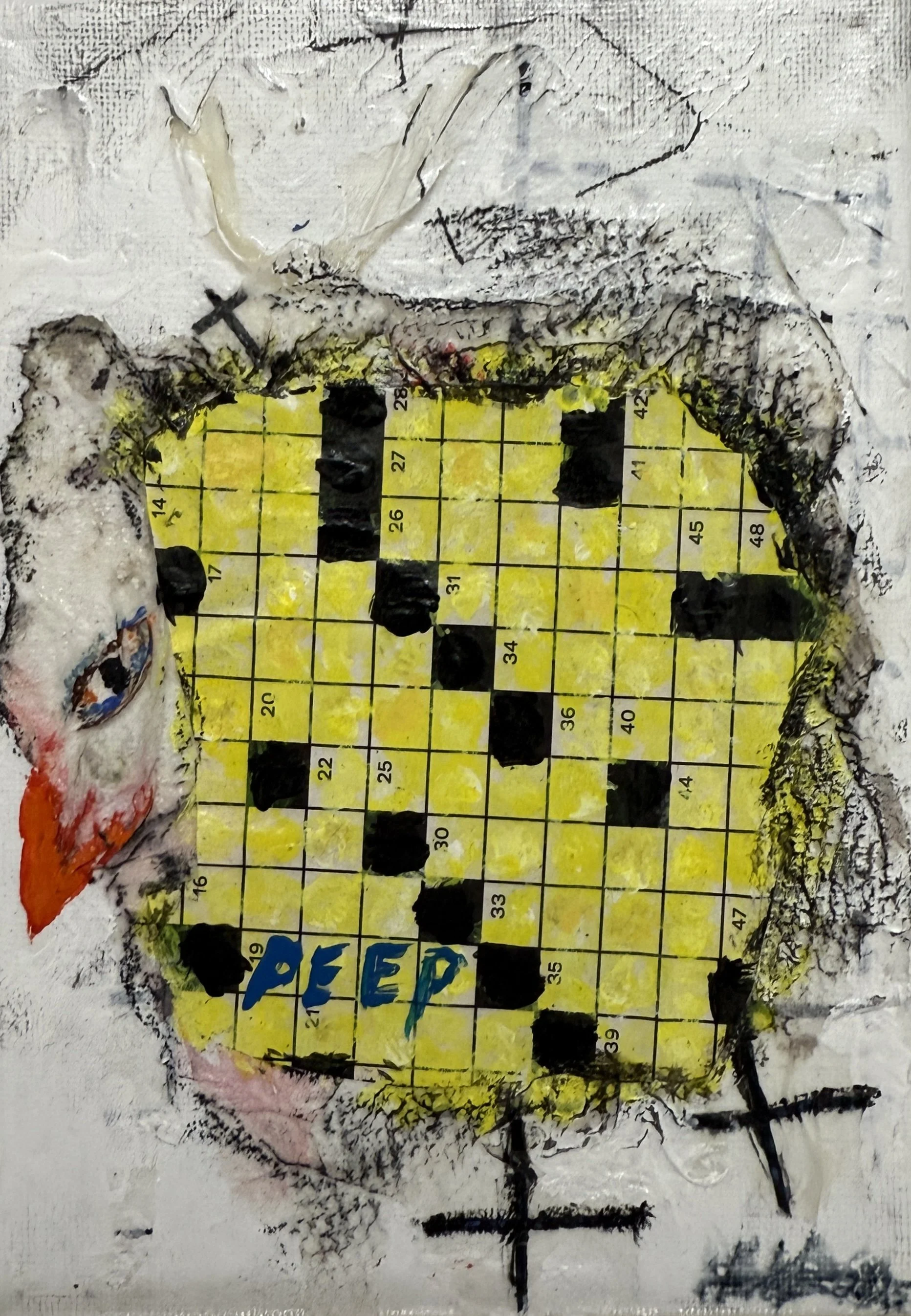 "Chick Peep", 5in x 7in acrylic/mixed media on stretched canvas, 2025