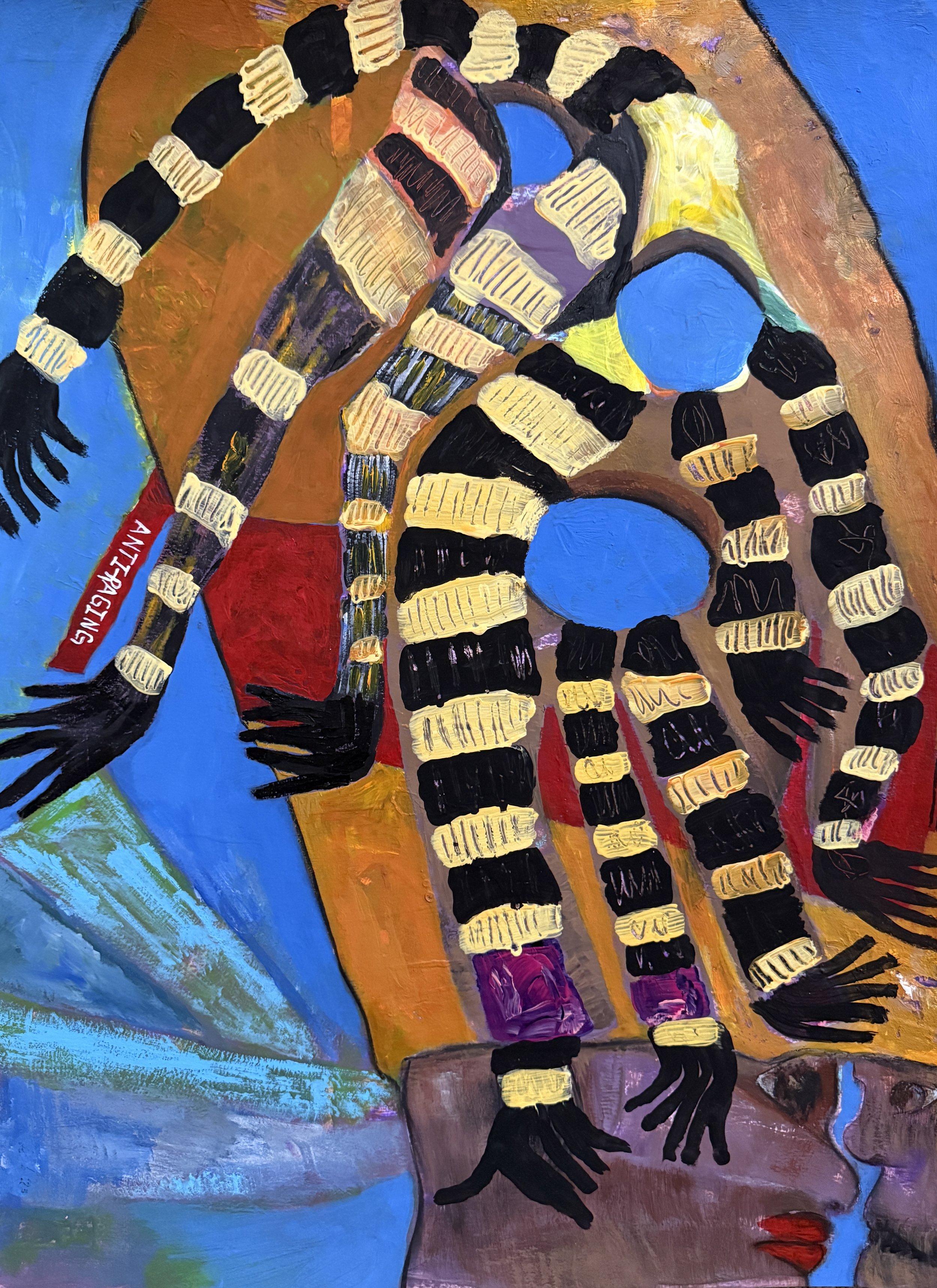 "Two Opinions Under One Hat", 18in x 24in acrylic/mixed media on 140lb W/C paper, 2026