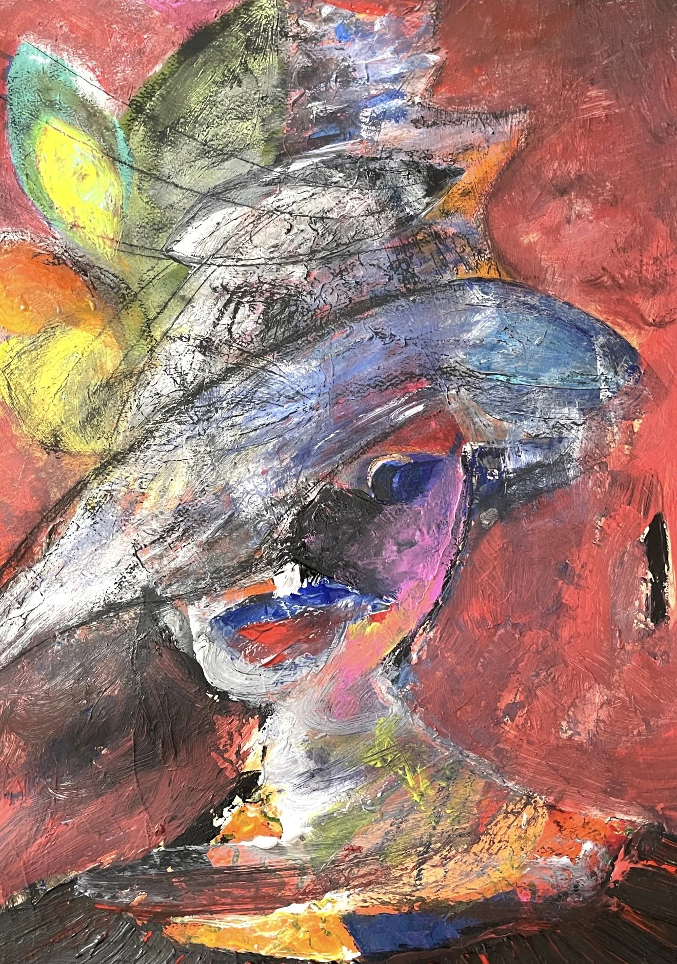 "Fascinator", 18in x 24in acrylic on 140lb W/C paper, 2025