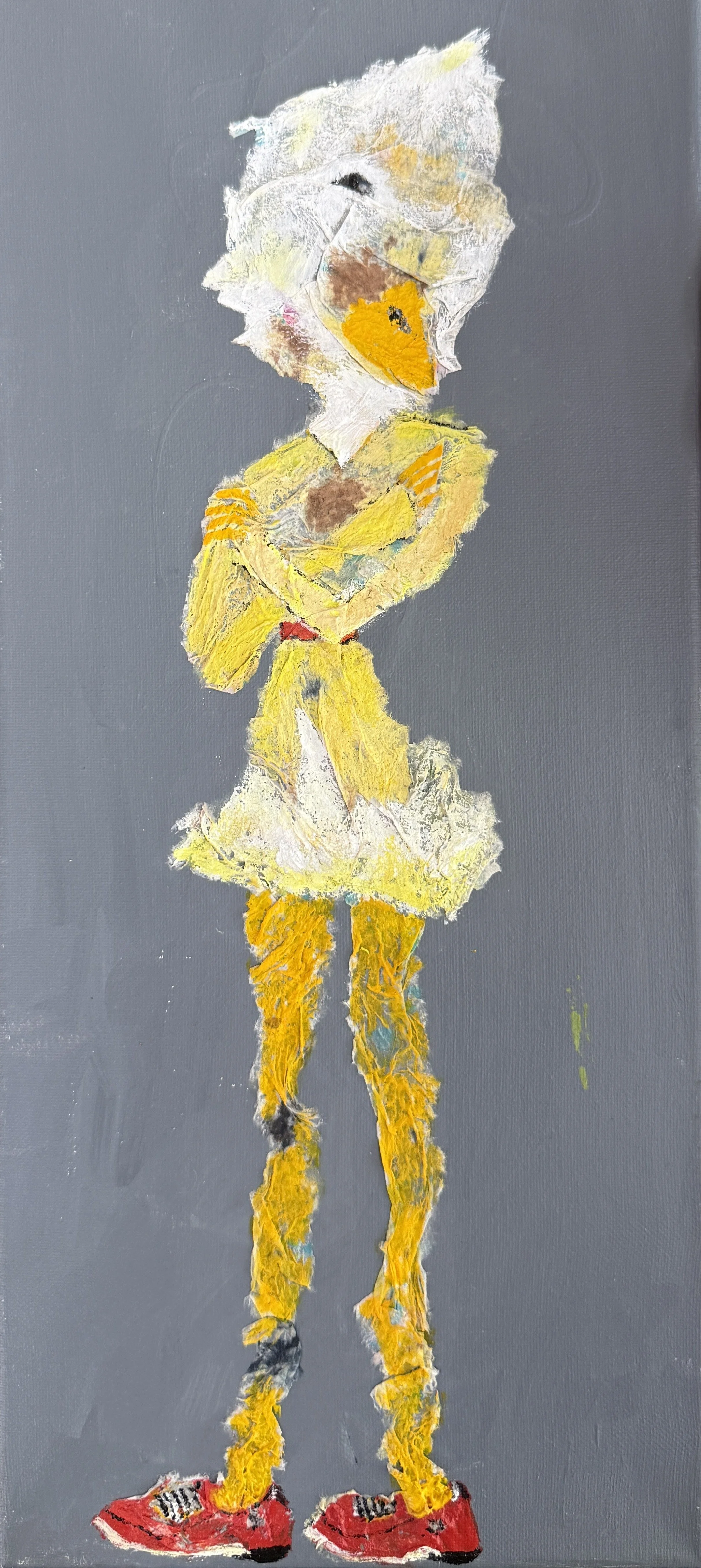 "Chick In Red Shoes", 10in x 24in acrylic/mixed media on stretched canvas, 2025
