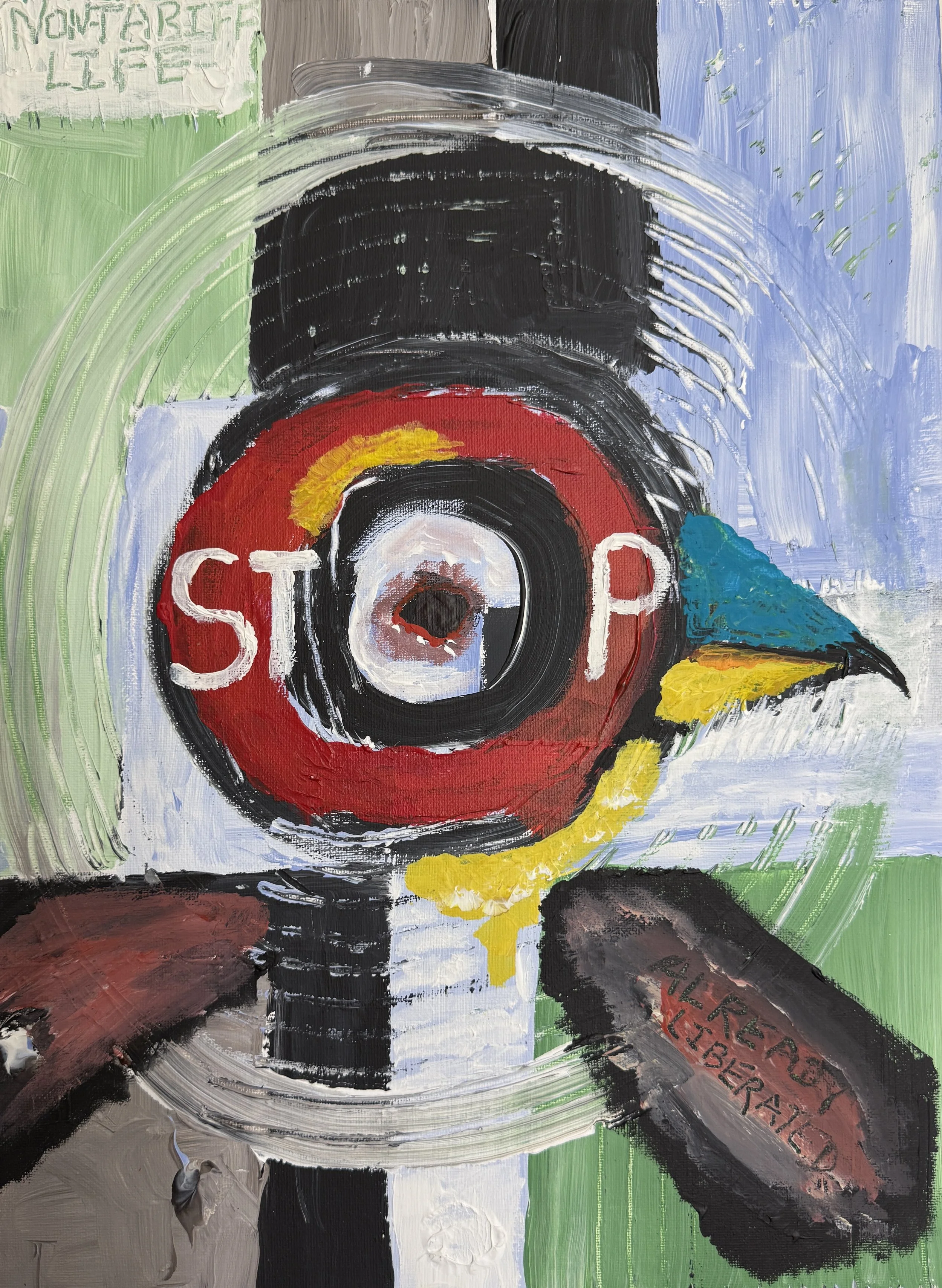 "Penguin Life", 9in x 12in acrylic/mixed media on stretched canvas, 2025