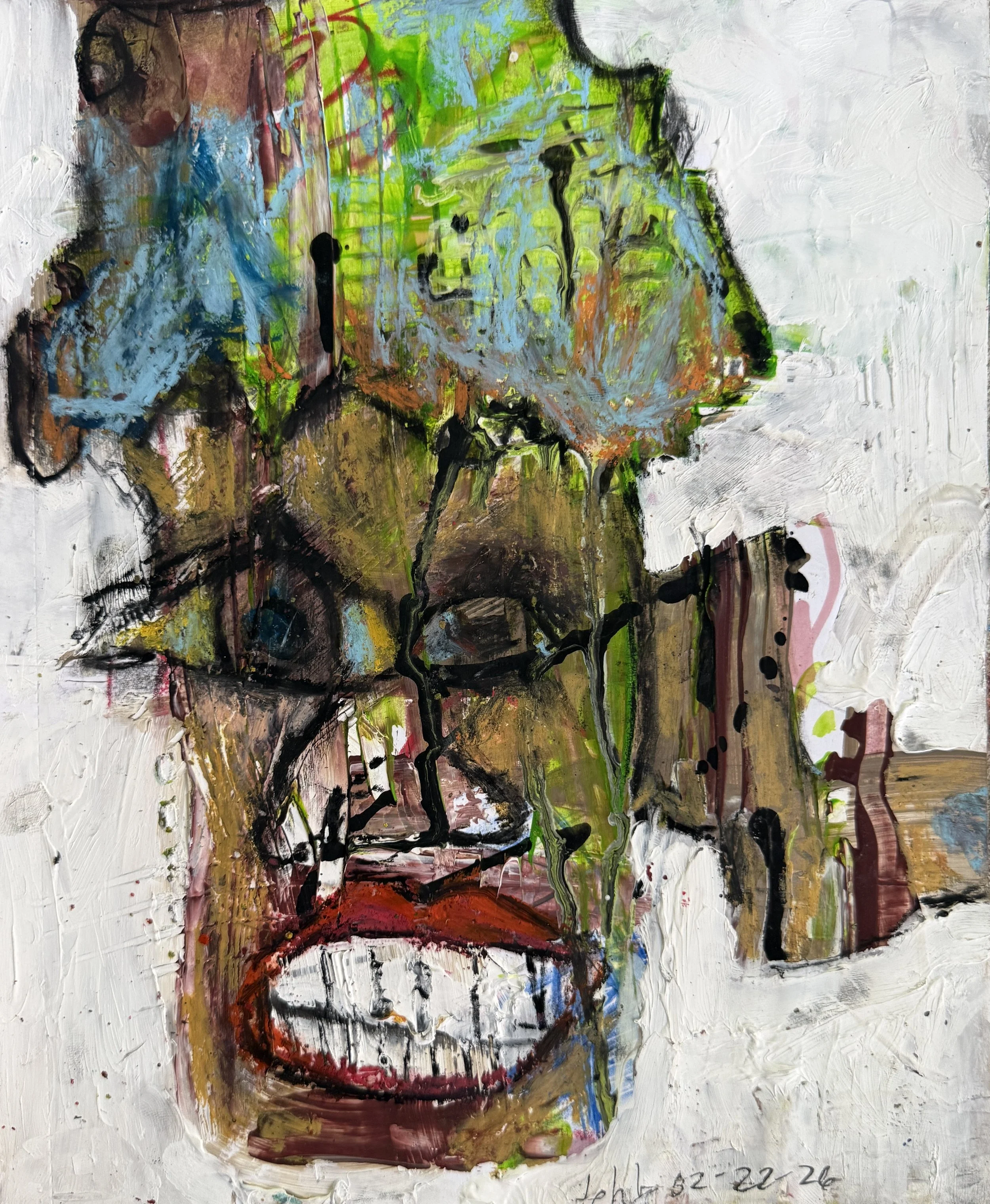 "Sidewise", 8in x 10in acrylic/oil pastel on 120lb W/C paper, 2026