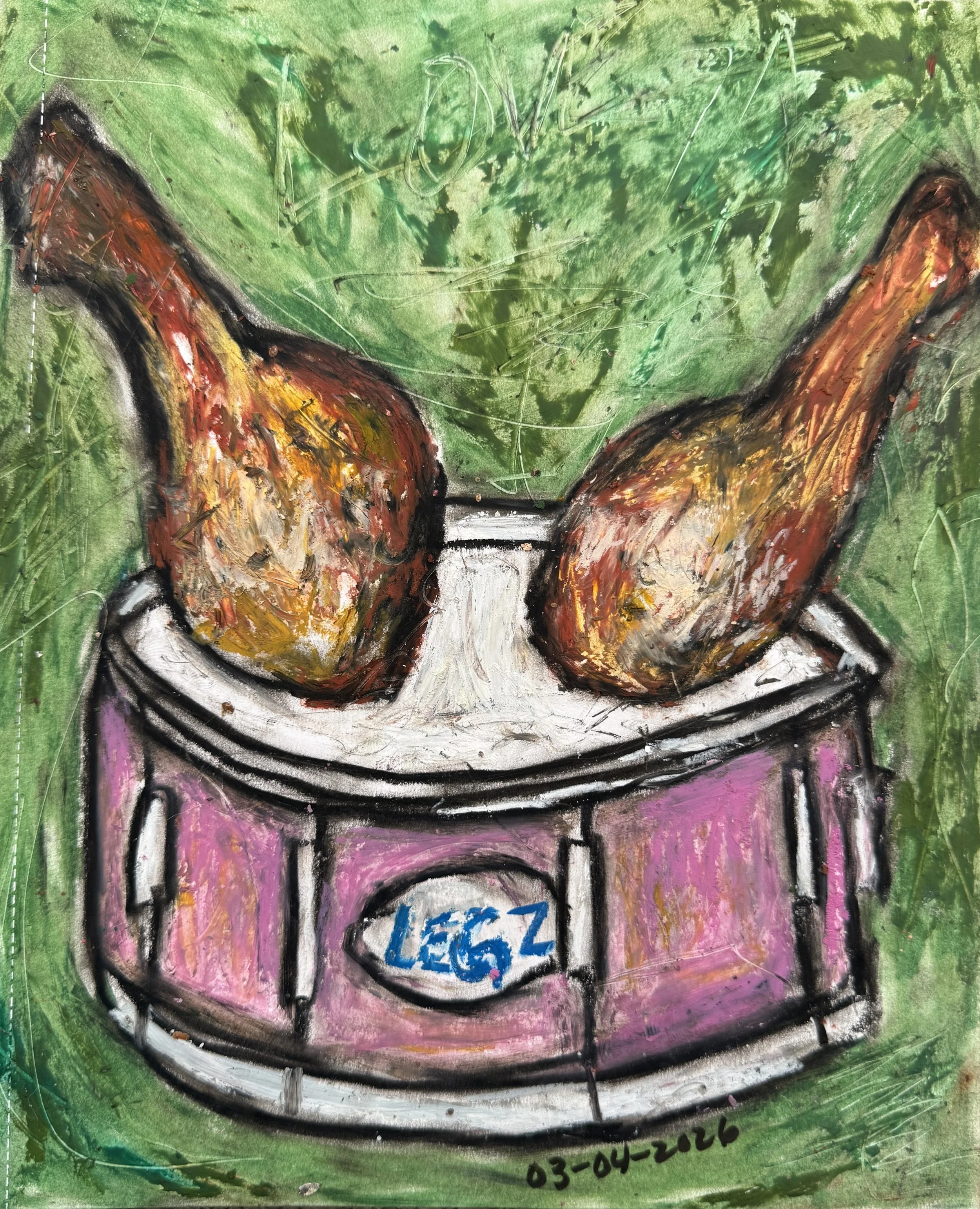 "Drumsticks", 8in x 10in oil pastels on 120lb W/C paper, 2026