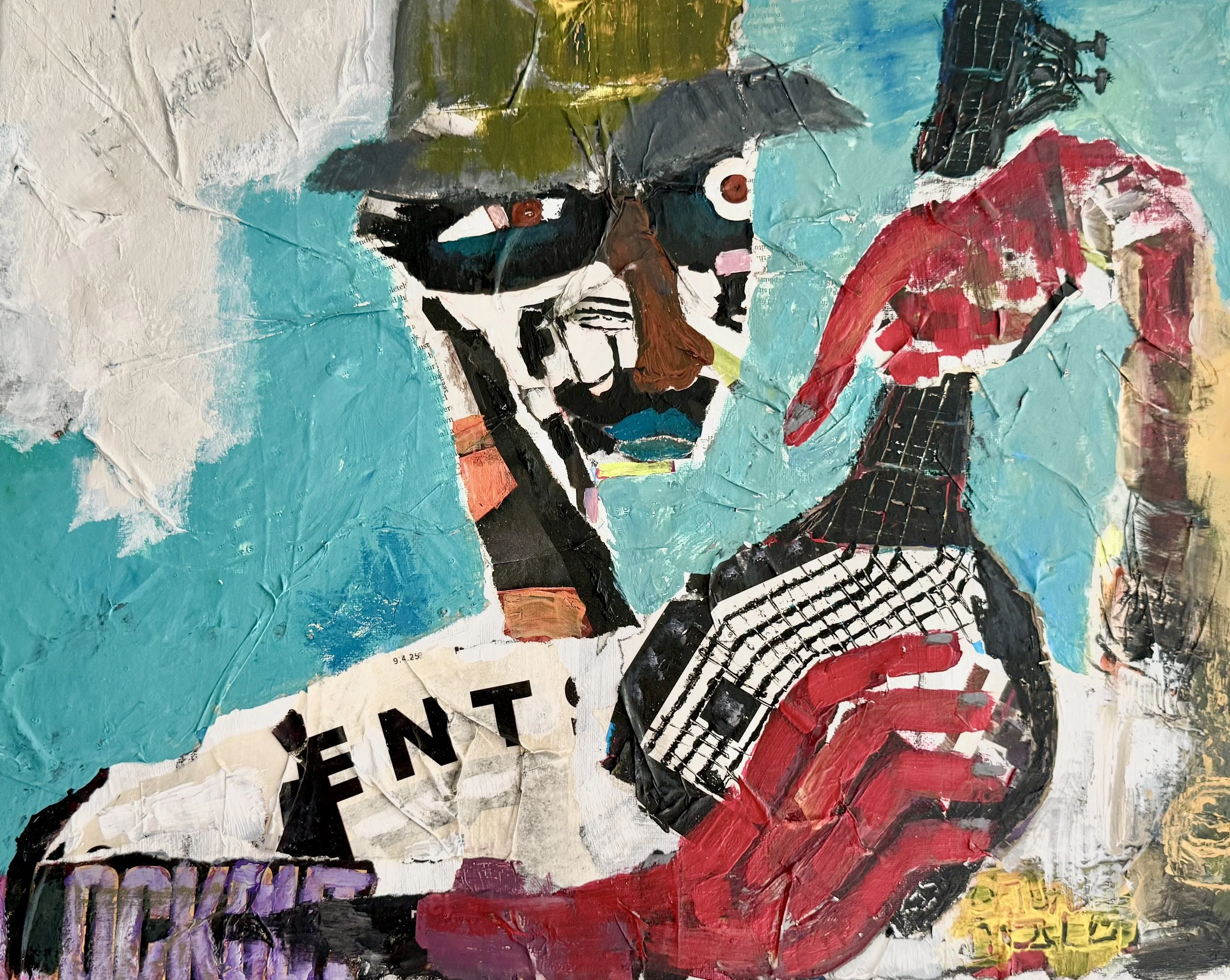 "Ukulele Player", 24in x 18in acrylic/mixed media on stretched canvas, 2026