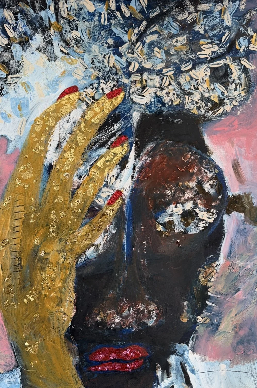 "Thinking Thoughts", 18in x 24in acrylic/mixed media on 140lb W/C paper, 2025