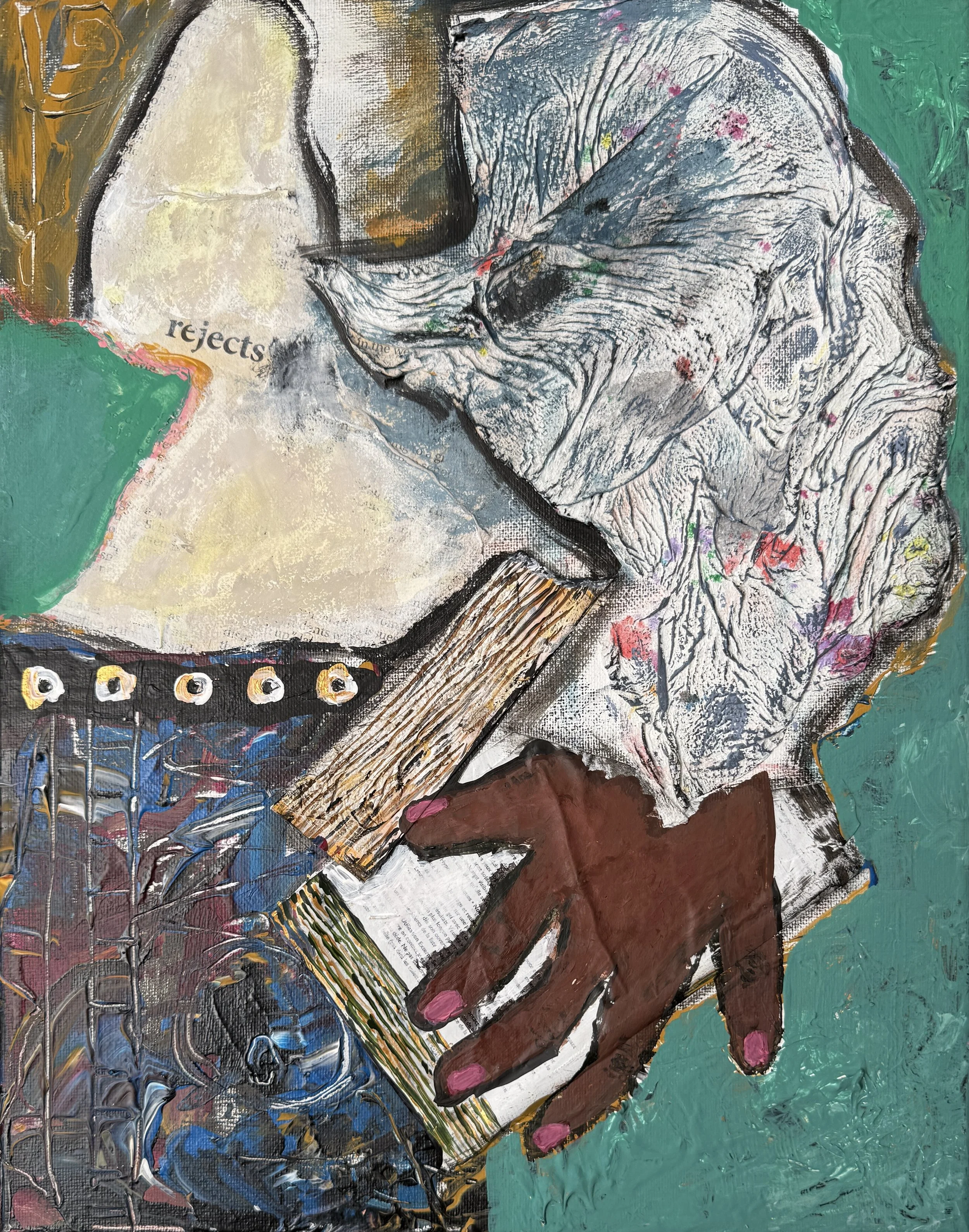 "Books In My Backpocket", 9in x 12in acrylic/mixed media on stretched canvas, 2025