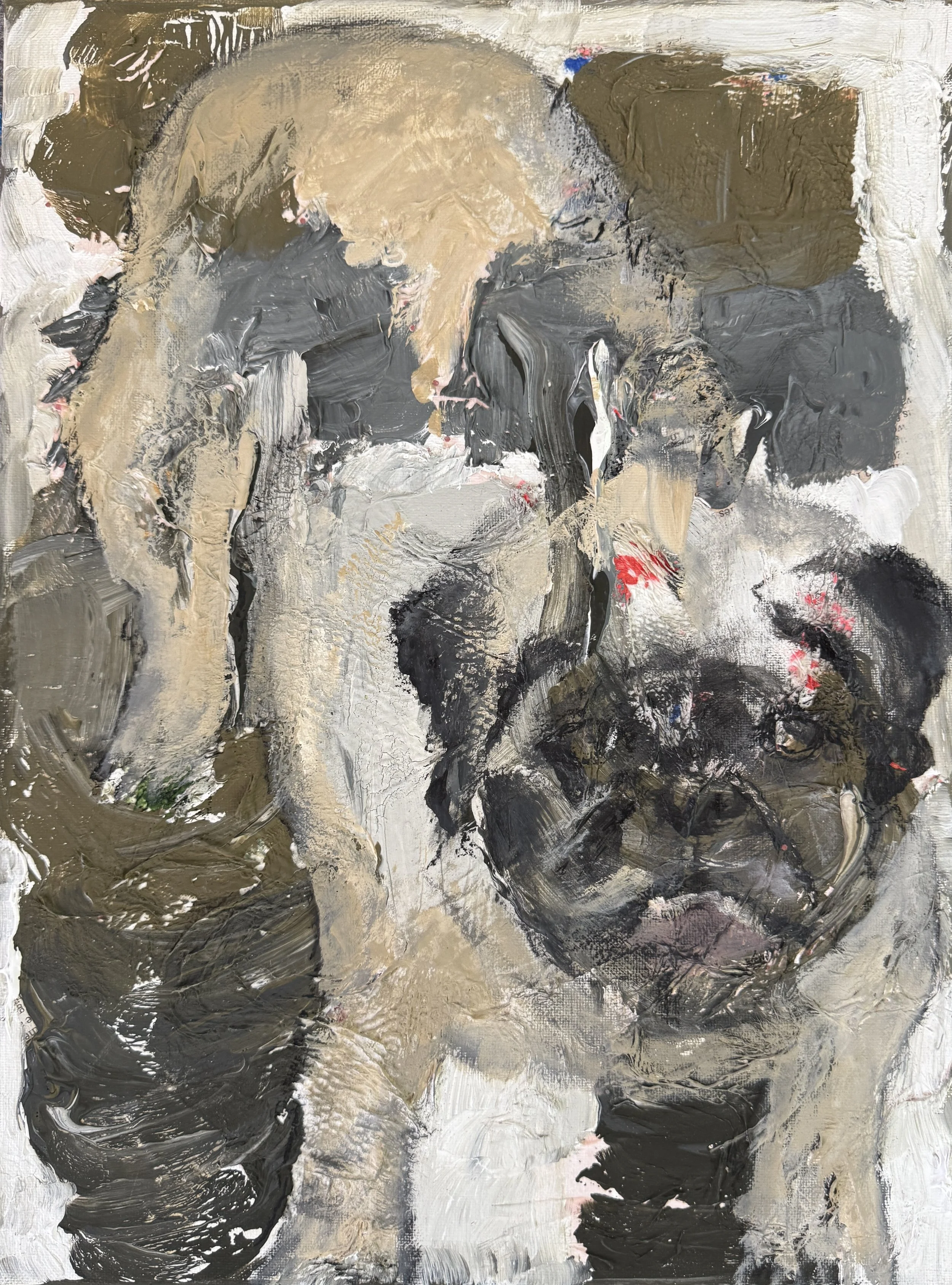 "Buggy Pug Neutral", 9in x 12in acrylic/mixed media on stretched canvas, 2025