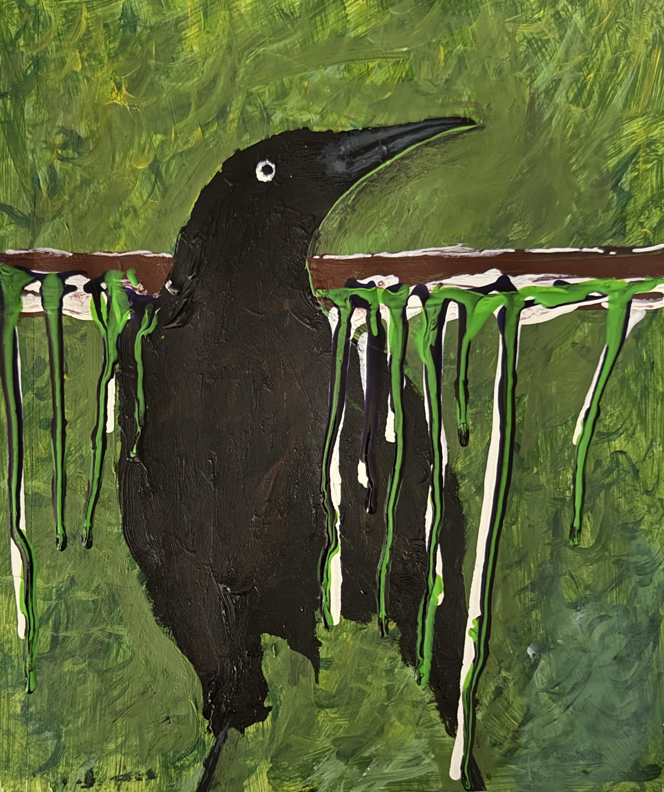 "Black Bird Green", 8in x 10in acrylic on 120lb W/C paper, 2026