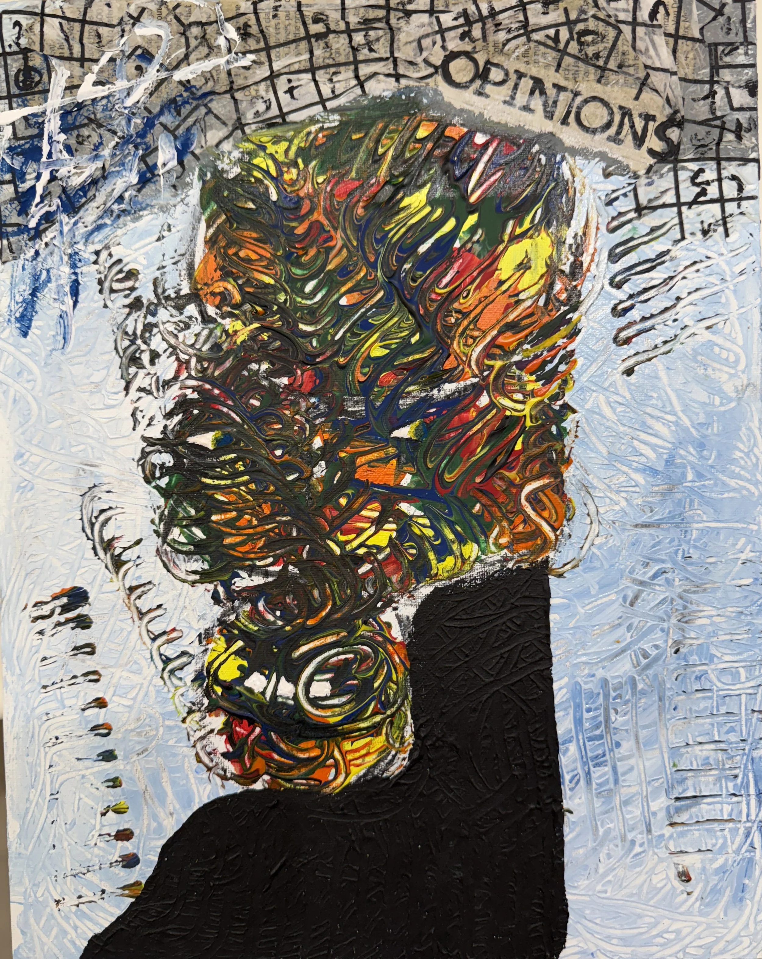 "Opinions", 9in x 12in acrylic/mixed media on canvas panel, 2025